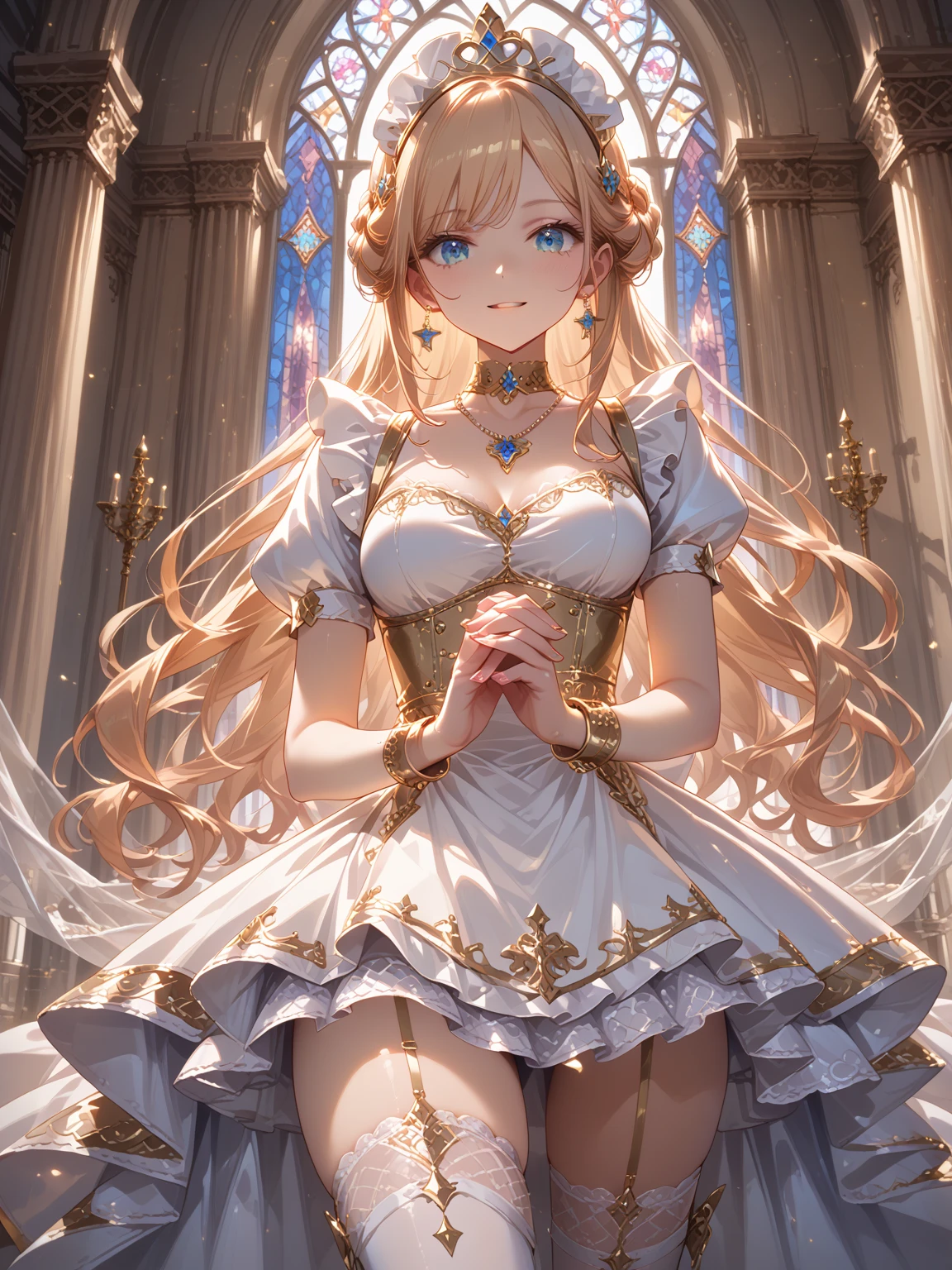 Masterpiece, Best Quality, Official Art, (Highly Detailed CG Unity 8k wallpaper), Detailed background, (Hands by Guido Daniele: 1.1), Feet out of frame, First Person View, 1, Beautiful woman who is attractive and perfect, Blessing Woman, (Curvaceous), (Standing), (((Outstretched hand: 1.4, Upturned palm: 1.14)))), ((Goddess: 1.4, Beautiful Angel: 1.4, Big Angel Wings))), (Bridal Gauntlet, Gorgeous Pure White Dress, Pure White Large Skirt, Gold Ornaments, Bridal Garter, Bridal Legwear, White Thighs: 1.12), (Blonde Long Hair: 1.12), (Ahoge: 1.13), (High Ponytail: 1.12), (Green Eyes: 1.13), Look at the Beholder, Big, (cleavage), Beautiful Face, (Blush : 1.11), (Smile: 1.11), Outdoors, in the back, castle, church, (sunlight shining through stained glass), (Flower garden, countless petals, beautiful flower decorations), (((Bouquet of blessings: 1.4, Blessing bell, luxurious blessing venue, beautiful white bird is flying))), cheers, joy