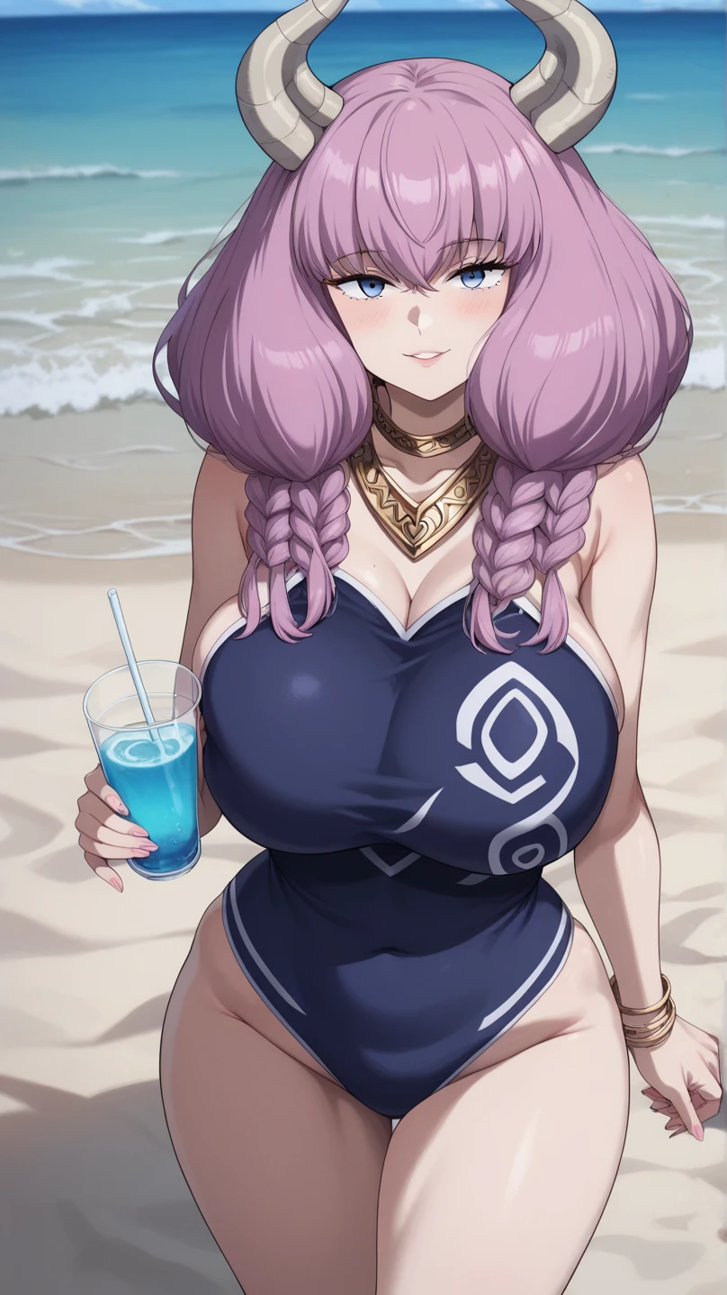 masterpiece, score_9, score_8_up, score_7_up, BREAK source_anime, best quality, extremely detailed, 1girl, milf, gyaru, solo, (dark skin, black skin:1.9), (large breasts:1.3), ((((purple hair), long hair, purple eyes))), blue lips, (((bikini, cow print bikini))), ((light smile), closed mouth), ((beach))