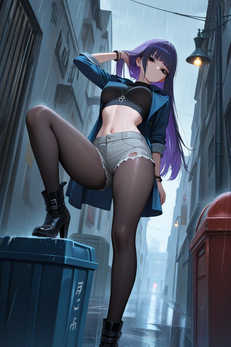 Beautiful anime girl, attractive anime girls, (Anime girl), the anime girl is crouching, pretty anime girl((Leakage of urine)),((Damp underwear)),((Bigboobs)),(purple socks), Admit shyness,with tattoos,high-heels --auto