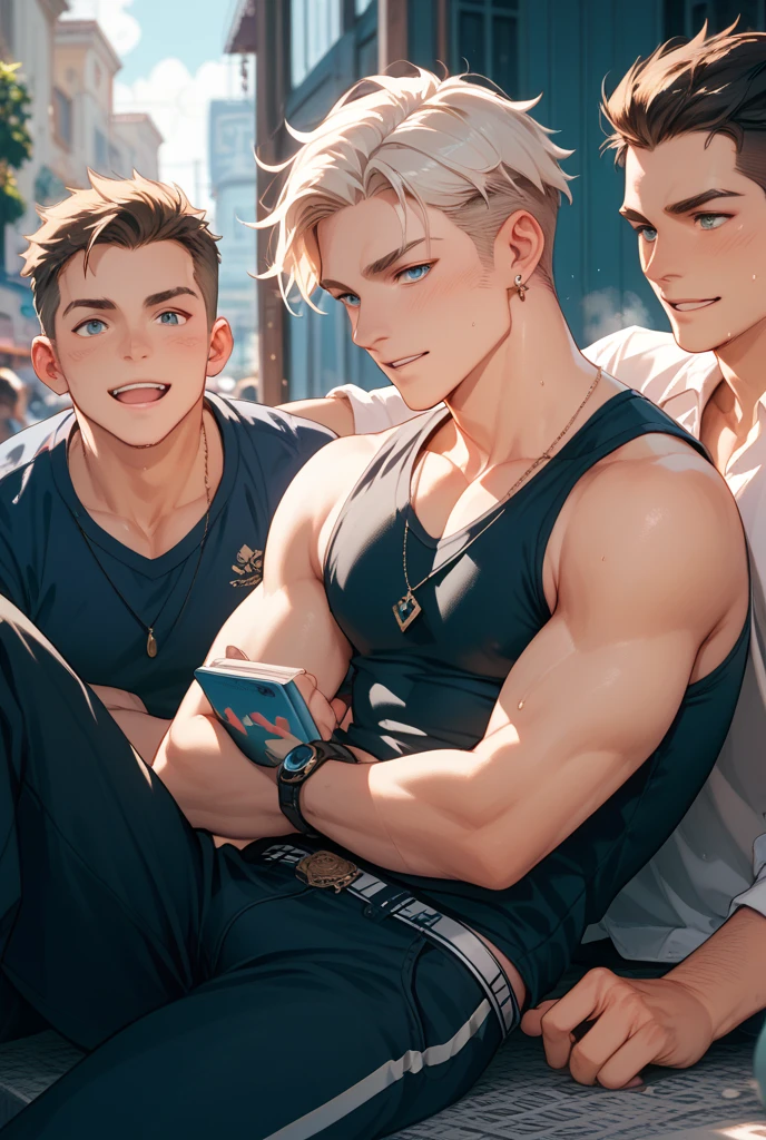 (three men:1.2),
sitting, bench,
handjob,
outdoor sex,
forest,
platinum blonde hair,
muscular, sweaty skin,
shy,
underwear, penis, mutual masturbation,
slight smile,
moaning face,
masterpiece,
best quality,
highly detailed,