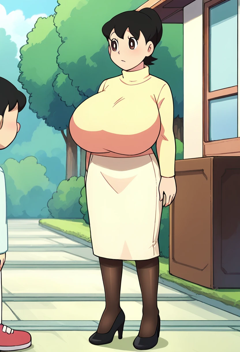 masterpiece, highest quality, High resolution, 1girl, 1boy, The man is obese and has a shaved head., Men are naked, men are faceless, ((((Sexual intercourse, porn image, hard porn, hetero)))), short hair, etsukoto, Detailed eyes, Detailed eyes, (((thick thighs, plamp thighs, voluptuous thighs, ample thighs))), Big and ample breasts, cleavage, Huge long breasts, Naughty big,((Big breasts are important))、((Naughty thighs)), L Cup, (thin:1.4),(Thin waist:1.4), (Perfect beautiful yellow dress:1.4), ((White waist apron)), Embarrassed look, look away, (((simple background))), ((white panty)), ((wide hips)), Shiny oily skin, Mature mother, Calf, Seductive mature woman, Perfect body, ((flesy)), Plus Size Model, etsukoto, blush, clavicle, retro artstyle, 1990s (style), ((her crotch is grabbed by a naked man)), naked, ((nsfw)),