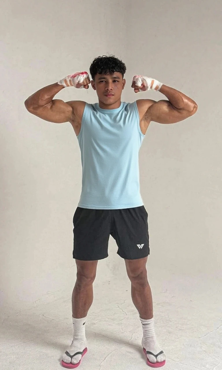 Japanese men、13 years old、Muscles and smooth skin、Very short black hair、A relaxed and friendly smile、colorful boxer briefs、The whole body is well visible、Fist pump in the bathroom、