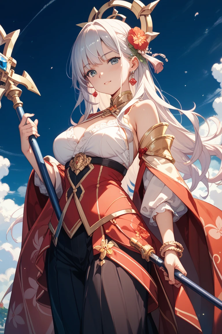 (very delicate, Masterpiece, Excellent lighting and shadows, HD wallpaper 8K), woman, 16 years old, white hair, red eyes, has large angel wings, wide hips, Medium bust, Big eyes, pink cheeks, plump lips, wearing a goddess costume, The cloth fluttered in the wind., Long fabric, holding a long spear of light, on the rooftop, among the flowers, Bright tone, There is a gold tattoo on his right arm..