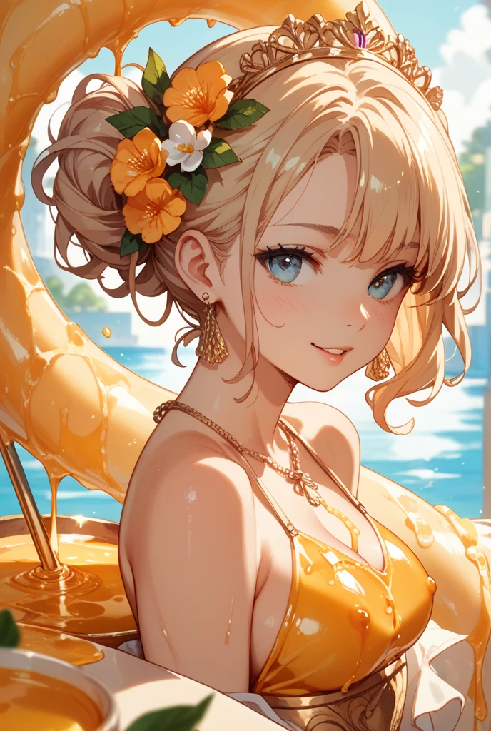 Beautiful woman, super realistic, extremely detailed, 4k, short hair, blonde hair, yellow eyes, flower in hair, Yellow swimsuit, red necklace, bird shins, cute, yellow velvet bracelet, happy, eating corn