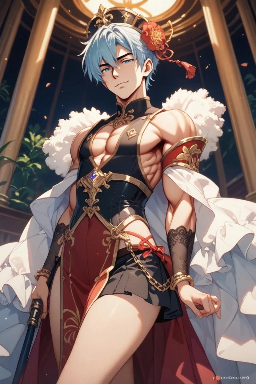 young boy, short gray hair, Cat's ears, Heterochromia, Yellow left and brown right eyes, tattoo, open torso, Pants of a Chinese general, swords, Masterpiece, hiquality