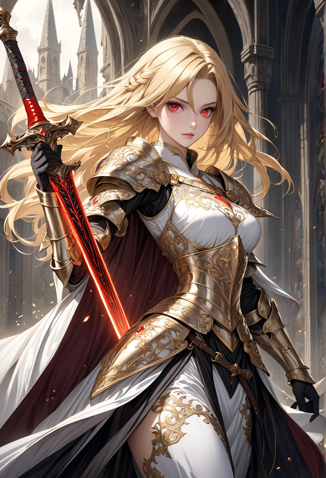 Masterpiece, best quality, White headphone, blonde, Korean woman, tall, slender, Female Knight, red gauntlet, red boots, Sword, beautiful face, beautiful hand, anime pastel, cleavage, Castle