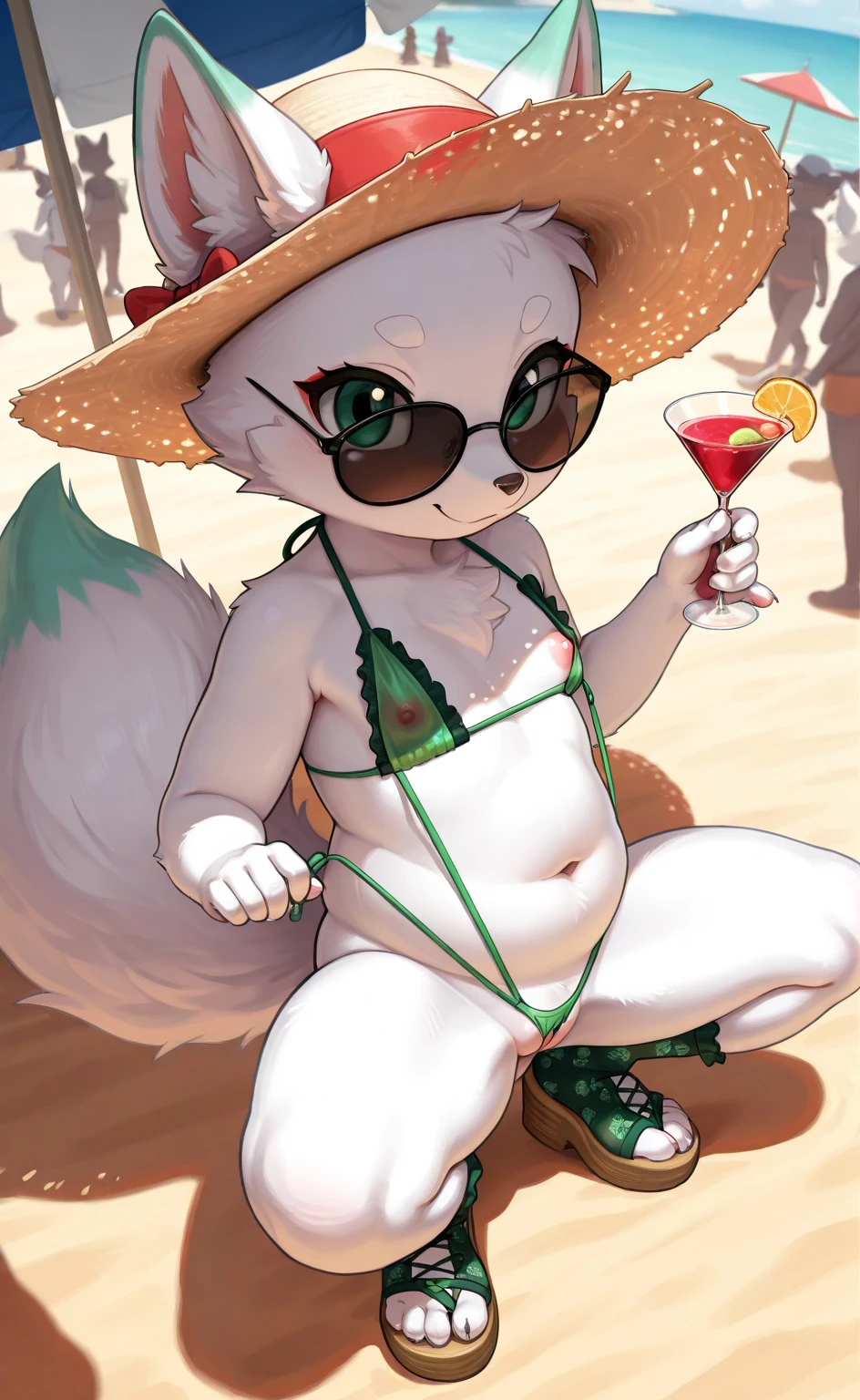 Solo, female cat, seated, graceful pose, cat eating fish on seaside, fresh orange juice in hand, summer hat adorned, sun-kissed fur, vibrant green eyes sparkling, striped cat ears perked up, orange juice dripping from whiskers, seaside background with waves crashing, yellow sand beneath feet, detailed hat design, straw-like texture, wide-brim for protection, citrus scent in the air, summer breeze rustling hat, detailed orange juice glass, slice of orange visible, real-life proportions, sharp focus, high-resolution image, lifelike depiction of cat, playful expression, (explicit content, adult, nsfw
