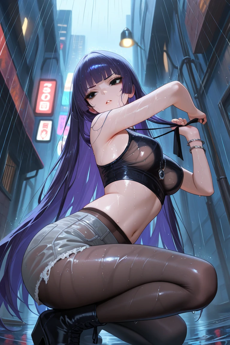 (masterpiece), ((best quality)), (solo, a cute girl with beautiful purple hair and beautiful purple eyes), faint smile, revealing bikini top, black stockings, high-resolution, detailed shaded pretty face, long legs, Curvy Bodied, large hips, huge breasts, (extremely detailed illustrations), sitting in a vintage car, steering wheel in hand, keys dangling from fingertips, (detailed shading), (gorgeous), (((world-class quality))).