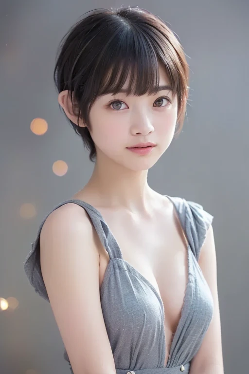 A 13 year old beautiful and slim girl with short hair. Tomboy hair style. Wearing nothing. Breast can be seen.