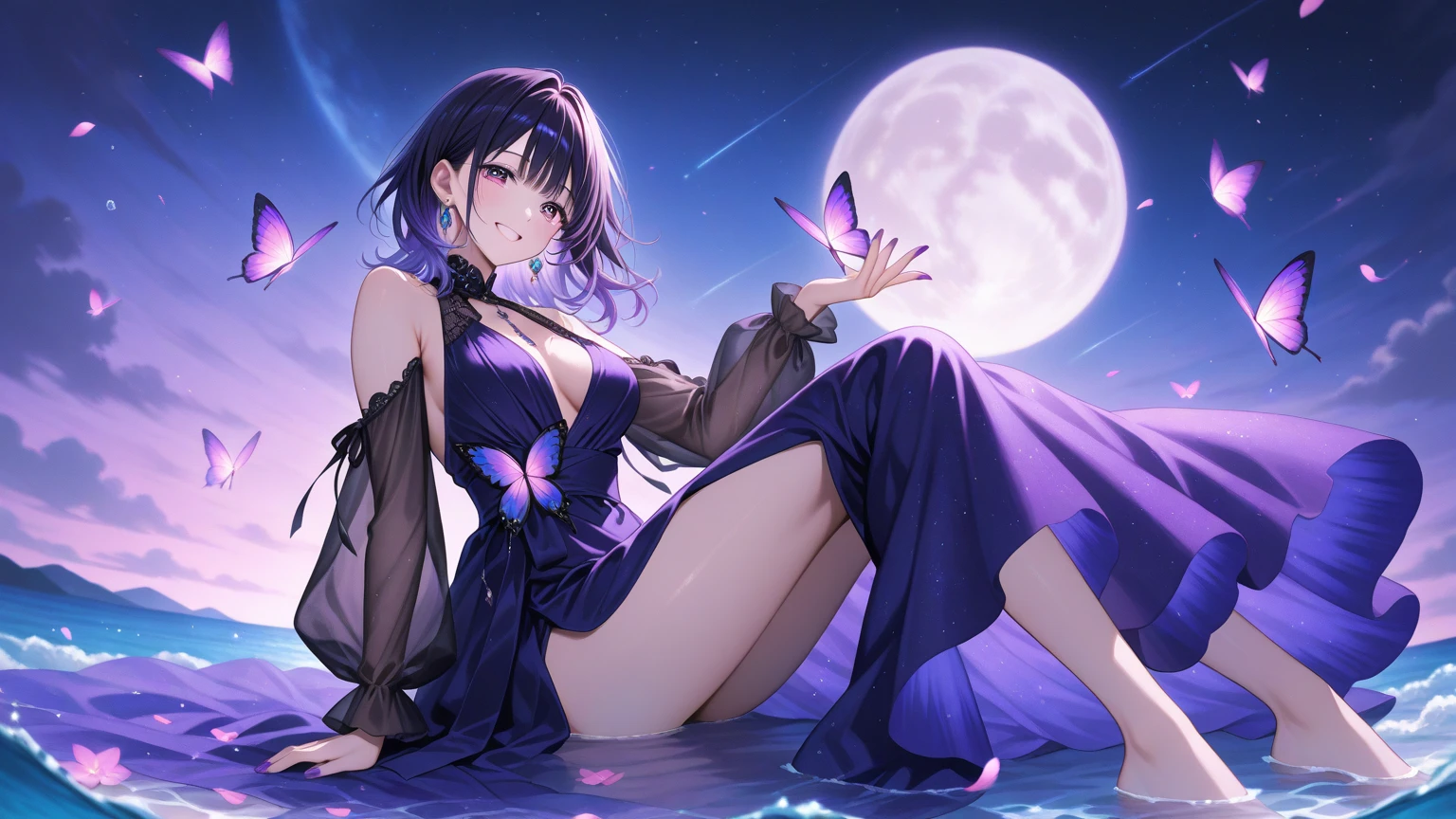 1girl, solo, tattoo, underwear, bra, black hair, panties, long hair, moon, black panties, black bra, navel, purple nails, looking at viewer, parted lips, bangs, open clothes, full moon, cowboy shot, arm tattoo, floral print, flower tattoo, nail polish, wavy hair, breasts, flower, signature, hand up, black background, kimono, cleavage, japanese clothes,
chest tattoo, long sleeves, standing, lace trim, black eyes, strapless bra, collarbone, armpits, strapless, lingerie, lace-trimmed bra, lace-trimmed panties, shoulder tattoo, stomach, sky, leg tattoo, medium breasts, lace, open kimono, cloud, purple kimono, lips, grey eyes, night, neck tattoo, fingernails, holding, print kimono, head tilt, see-through, eyelashes, blunt bangs, open shirt, arm at side, ass visible through thighs, full-body tattoo, peony (flower), small breasts, midriff, arm up, stomach tattoo, off shoulder, outdoors, wide sleeves, robe, shirt, blue eyes, jacket, lace bra, bare shoulders, underwear only, simple background, blush, white flower, night sky, purple eyes, jewelry, makeup, pink flower, shawl, branch, pink nails, back tattoo, mole, eyebrows hidden by hair, cherry blossoms, artist name, thighs, purple jacket, frilled panties, expressionless, jacket on shoulders, purple flower, bird, crescent moon, earrings, eastern dragon, dress, open jacket, lace panties, curly hair, barefoot, full body, straight hair, black nails, day, open robe, dark, floral background, print bra, petals, short hair, smile, frilled bra, straight-on, skirt, open mouth, eyeshadow, purple shirt, tube top,