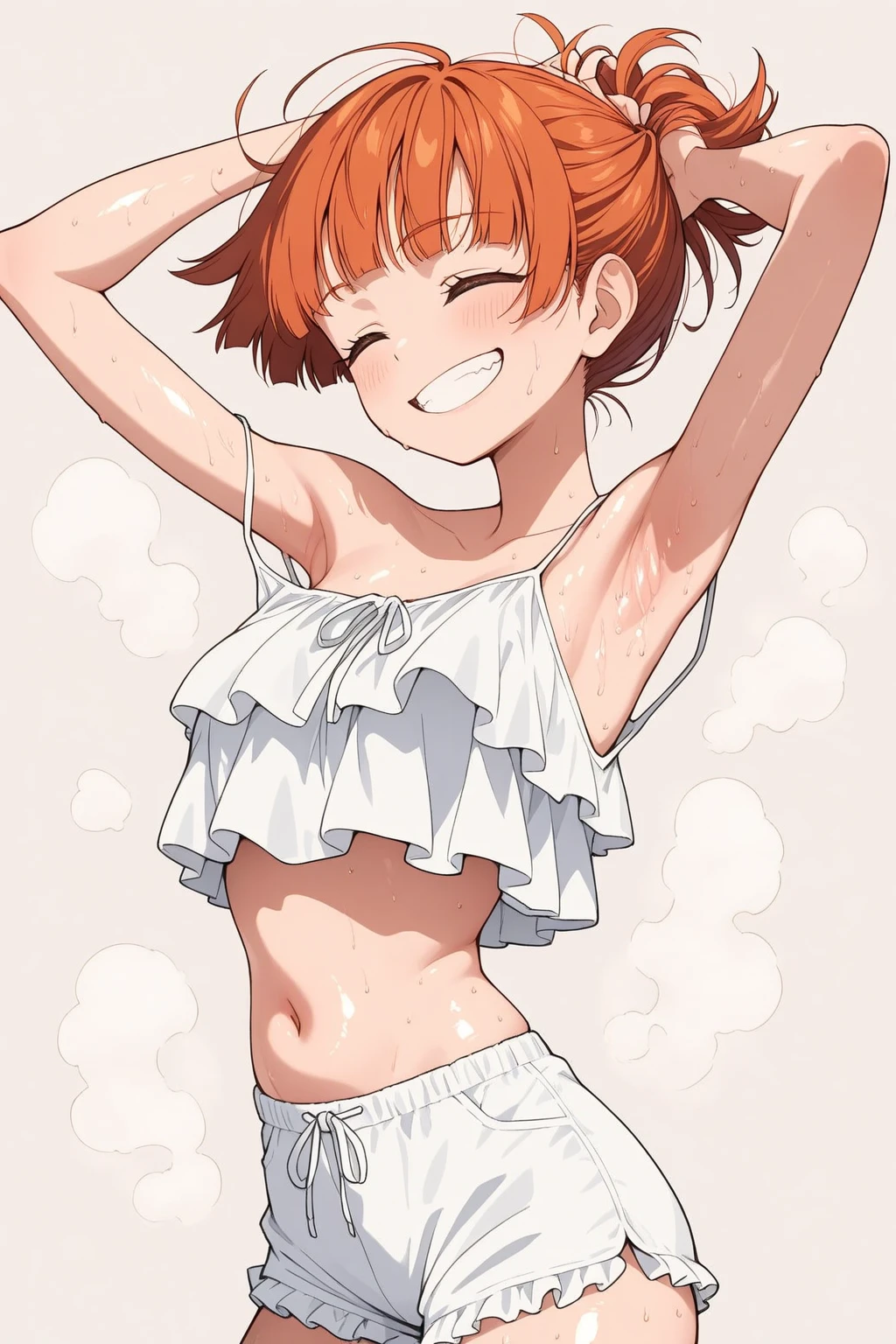 (Masterpiece), Best Quality , ultra-detailed, 1girl (Gwendolyn_Tennyson, breasts, orange hair, short hair, green eyes, half-closed eyes), a come-hither face, wicked smile, parted lips, solo, sundress,(wet, see-through), forest, in the mountain cabin, night time, dark lighting, dance, sexy dancing, come-on, wet body , strong wind, rains, hands up, love juice flows out of her pussy, from_below ,