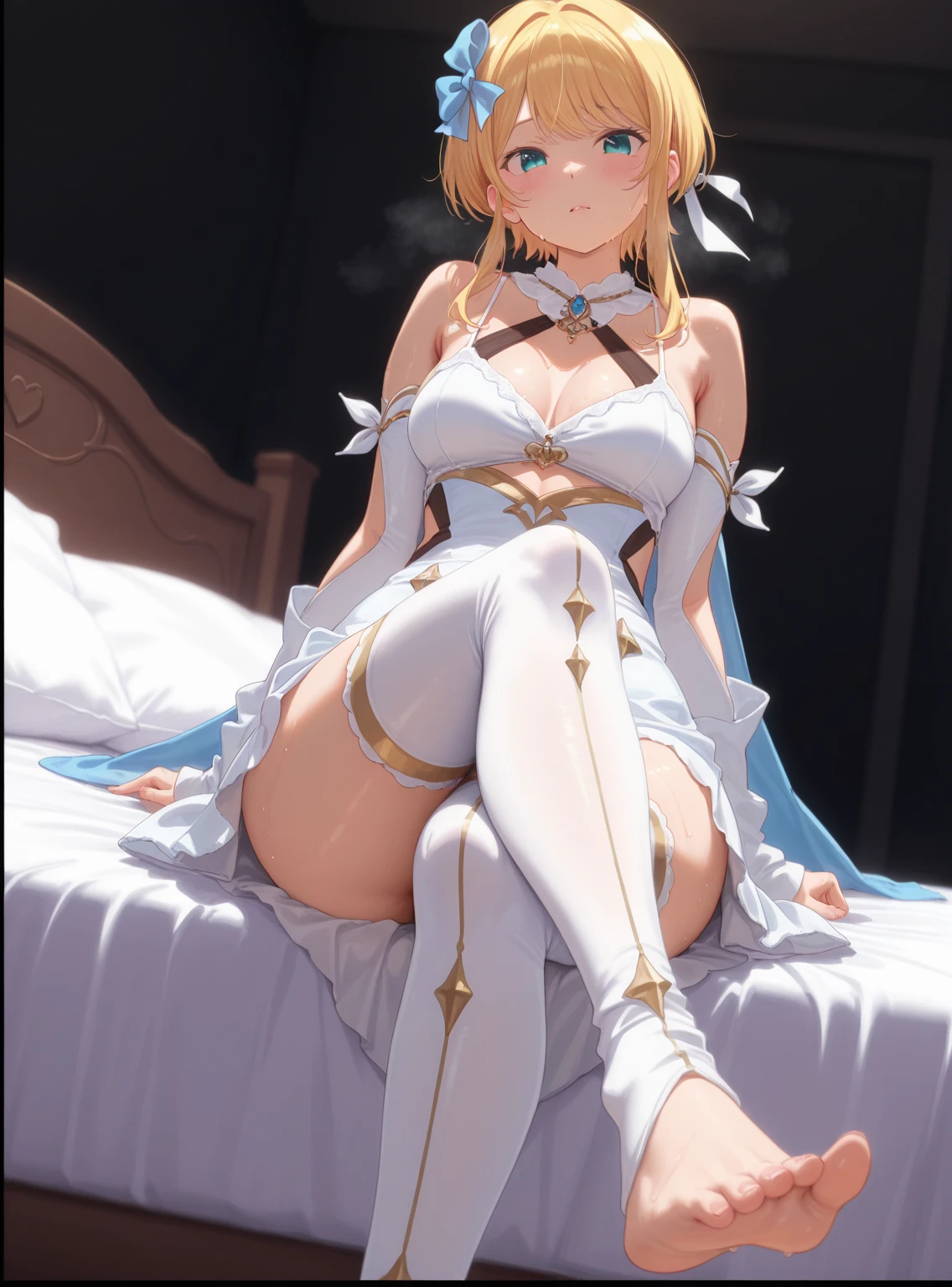 A beautiful young woman,Wearing pajamas,Lying on the bed,barefoot,Wearing a dress,Lie flat on your bed,Cross-legged,Full body shot,(Best picture quality,4K,8k,high-definition,excellent work:1.2),Ultra Detail,Delicate eyes,Delicate lips,Extremely detailed face and eyes,Long eyelashes,Natural light,Warm colors,Soft Focus,clair obscur,Deep scene bikini,Very large breasts,Show your belly button,