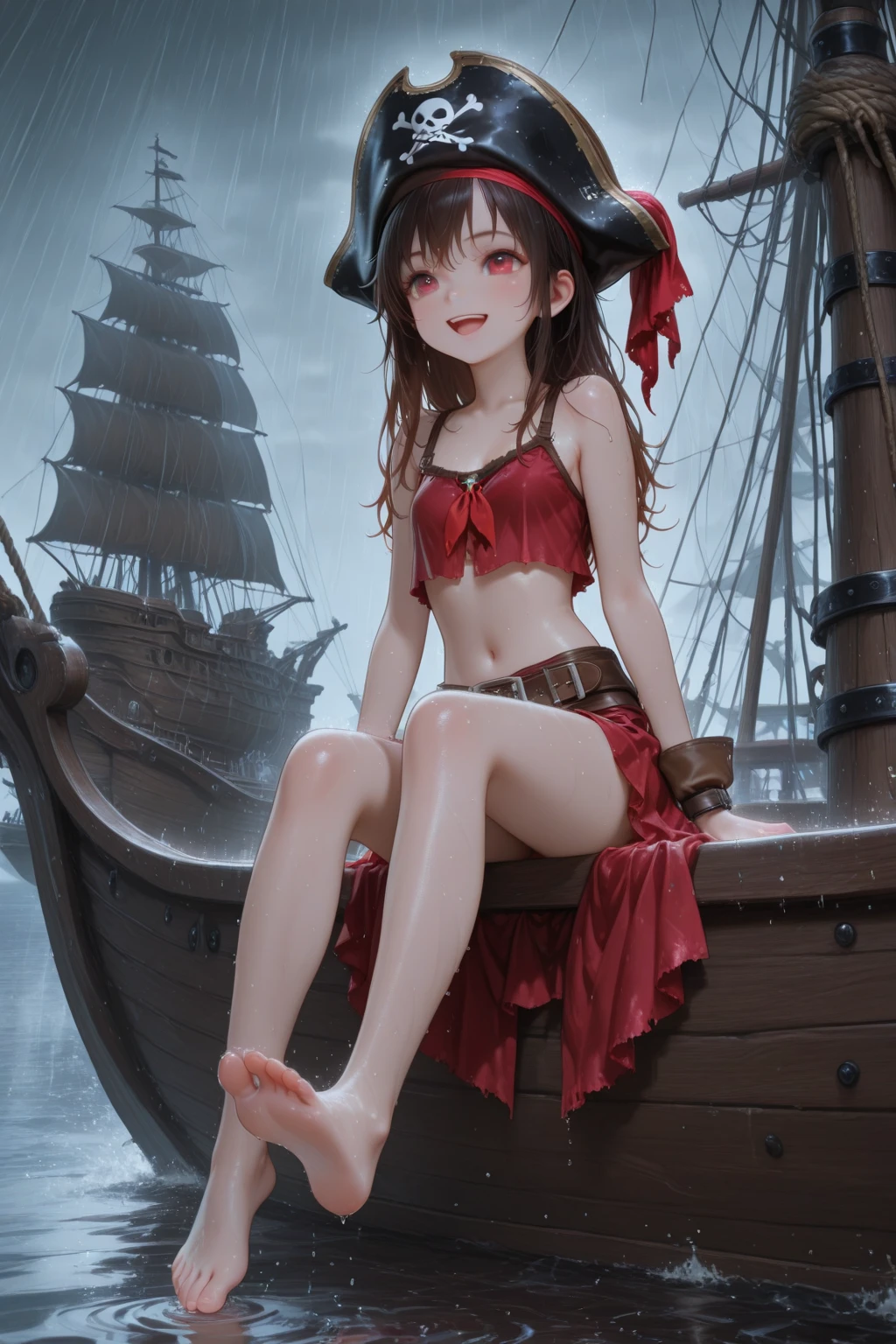 ((masterpiece)), best quality, good anatomy, (detailed: 1.3), looking at viewer, (pose) a girl with hat, sitting on stone, beach, ocean, brown hair, pink eyes, kawaii, lowbrow, big breasts, depth_of_field, hat, flowers, lips, short hair, photo_(medium), solo, beach:1.4, red scarf, long striped legwear, red gloves, striped panties, striped bra, black x hair ornament, flower shaped earrings