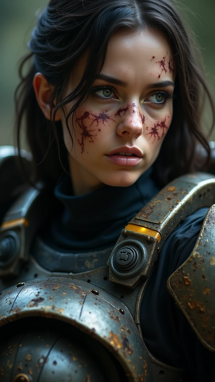 realistic photo modelshoot style, (detailed face), (woman waifu in a cramped rusty hydraulic mech exoskeleton), sunset, oily, sweaty, dirty, ripped, post-apocalyptic