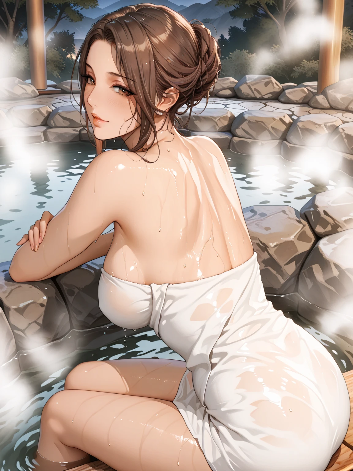 (perfect anatomy:1.2)(absurdres, highres, ultra detailed),masterpiece,best quality,high resolution,8k,Realistic face,Realistic skin texture,magnified textures, stunning clarity,detailed anime girl,(ultra detailed eyes and face),15 years old,black hair,(single bun),pale skin,Japanese shrine maiden, mysterious eyes,(She hides her body with a white bath towel),thin body type,big breasts,small ass,(expressionless:1.2).(onsen:1.5) in Steampunk in the Edo Period、(Vivid hieroglyph signs and street advertisements:1.2)、sautumn、hieroglyph,look at far away,,Delicate atmosphere、