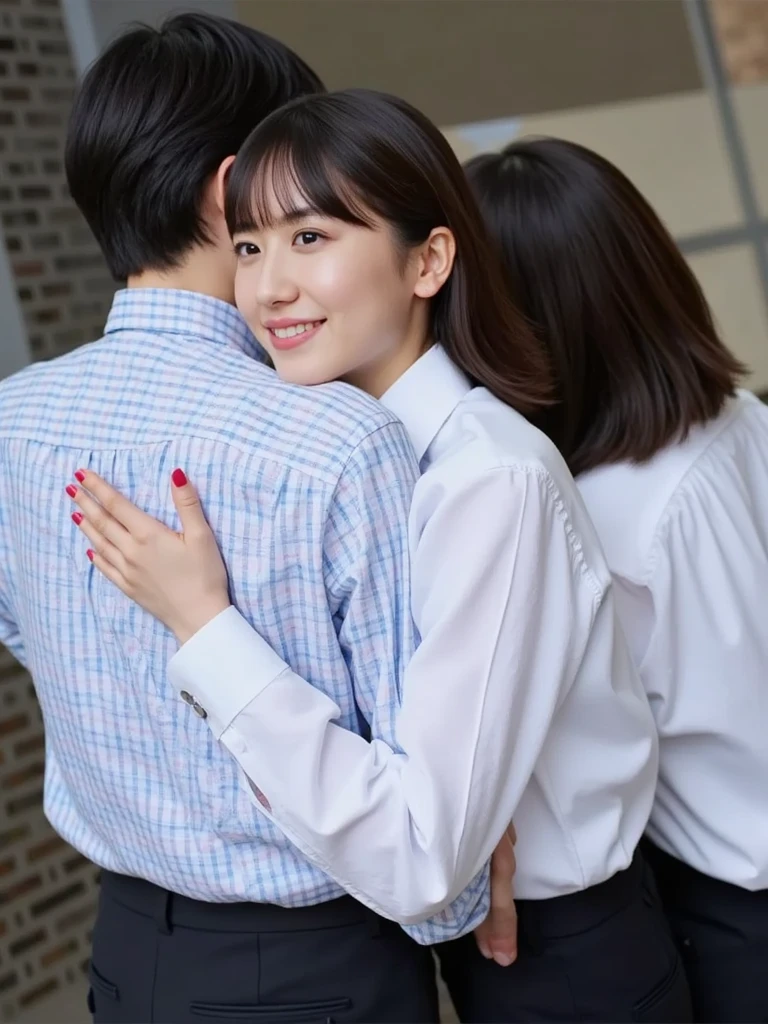 A short-haired macho man wearing a suit2People hugging each other