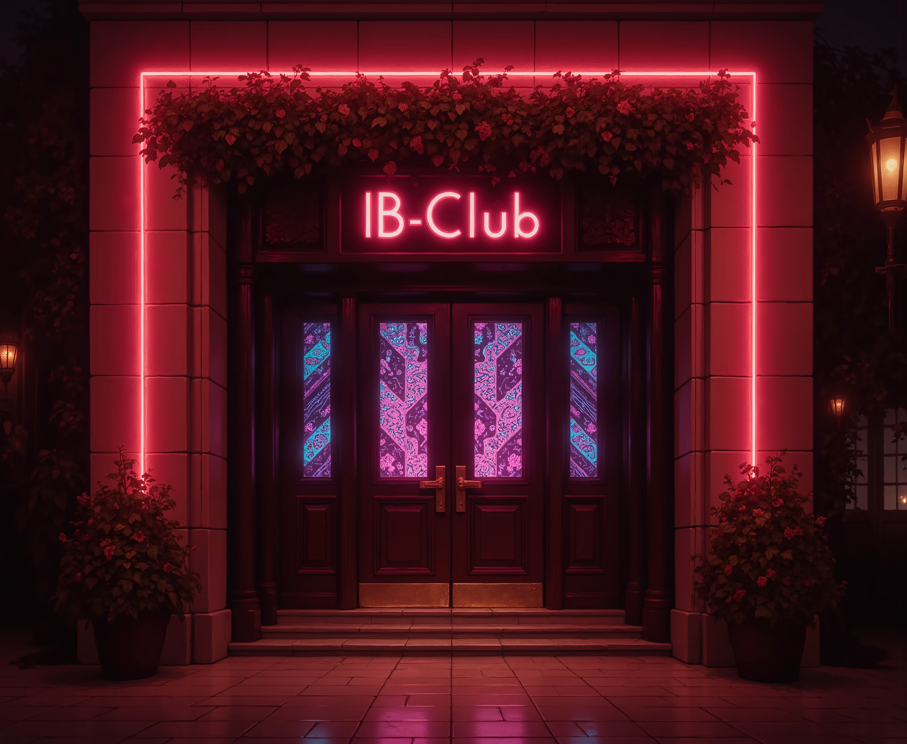 Modern European and American high-end nightclub entrance，Neon lights flashing at the entrance，The door says IB-CLUB，Pure architecture，Horizontal screen