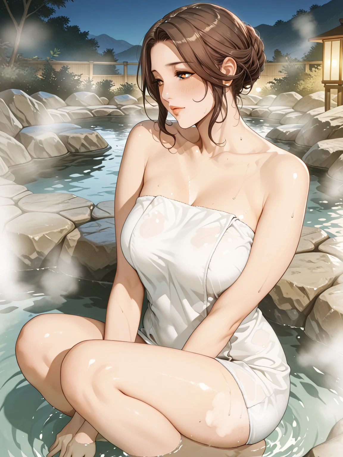 (((ultra high definition))), masterpiece, best quality, 8K, Accurate description, Carefully painted, Meticulous details, ((Open-air hot spring in Japan at night, Large old hot spring pond, Hot springs, steam)), a girl, White skin, perfect face, (Brown, Technical perms and dyeing, wet, Extra long curly hair), ((cute look)), Detailed depiction of facial features, blue shining eyes, long eyelashes, double eyelids, 有Sweat, pink moist shiny lips, Shiny earrings, Close your eyes and enjoy, blush, ((Mature and natural figure)), Beautiful body, perfect body structure, small breasts, side boob, ((bath towel)), seductive cleavage, Sweat, (Take a rest when you are tired), (Perfectly detailed hand-drawn renderings), (Slender smooth legs), perfect feet, soft side light, perfect composition, ((bust)), Rich environmental details, dim environment, 