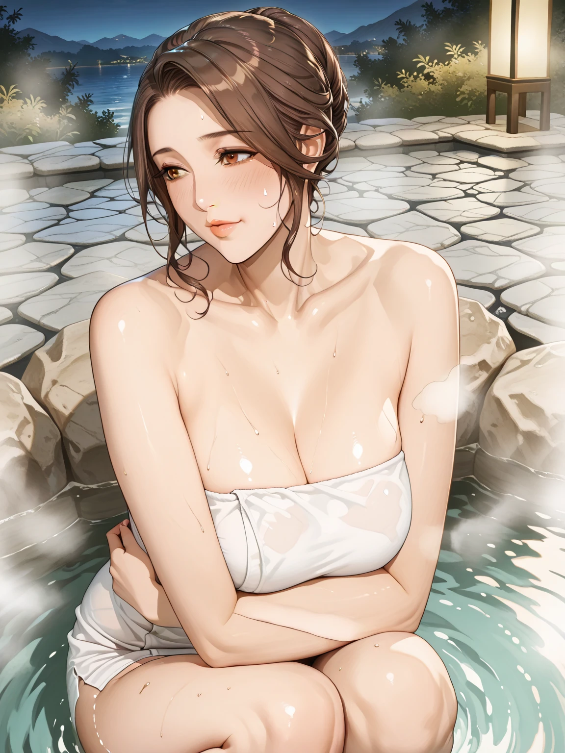 Beautiful and mature 55 year old Japanese woman, Married women, ring, Fine Lines, Long eyelashes, Low Ponytail, Red lipstick, Full body emphasis, Cleavage, Pearl Necklace, Wrap a bust towel around your body, Sensual, Obscene, Browsing Caution, Embarrassing, erotic, Enter the hot spring, bathing,do