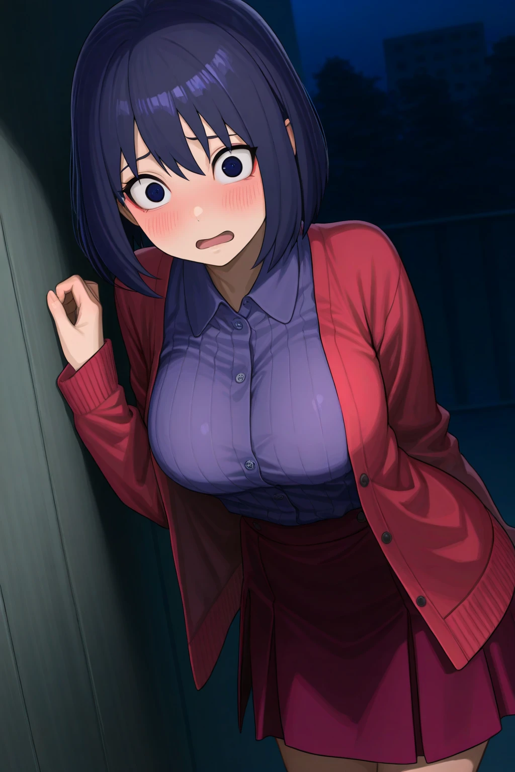((( masterpiece ))) Background : ( horror theme, dark creepy room, messy and dirty apartment, best quality, highly detailed,). Character ; ( 1girl, standing, shaded face, Suou Mikoto, glowing red eyes, hands on breast, happy, cigarettes in mouth, shaded face, perverted grin, Completely naked, fit body, nsfw, , big breast, disgustingly sweating, dark blue short hair )