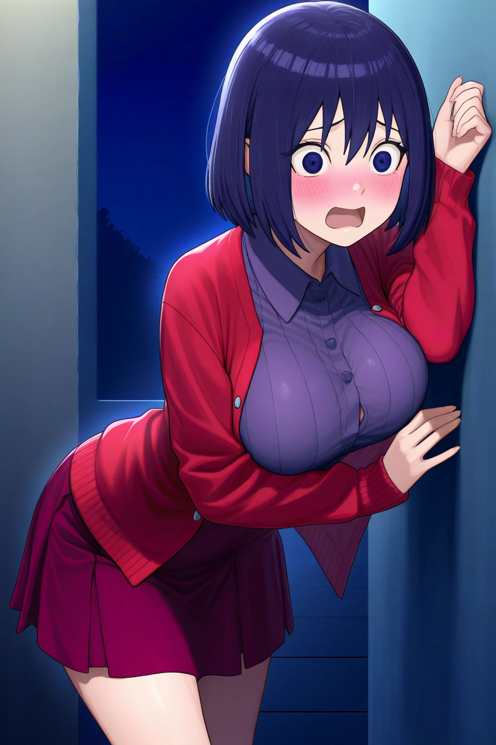 highest quality, One girl, ((View your viewers)), Dark blue hair, Iris, Very short hair, Spiky Hair, Ahoge, Sailor suit, 165cm, Messy Hair, Large Breasts :20.0, Plump,  Tomboy, Adult, One girl, alone, only, Grin, Wide Hips, Thighs, Are standing, Messy room, Bedroom, shelf, DVD, Book, video game, computer, CD, record, VHS Tape,