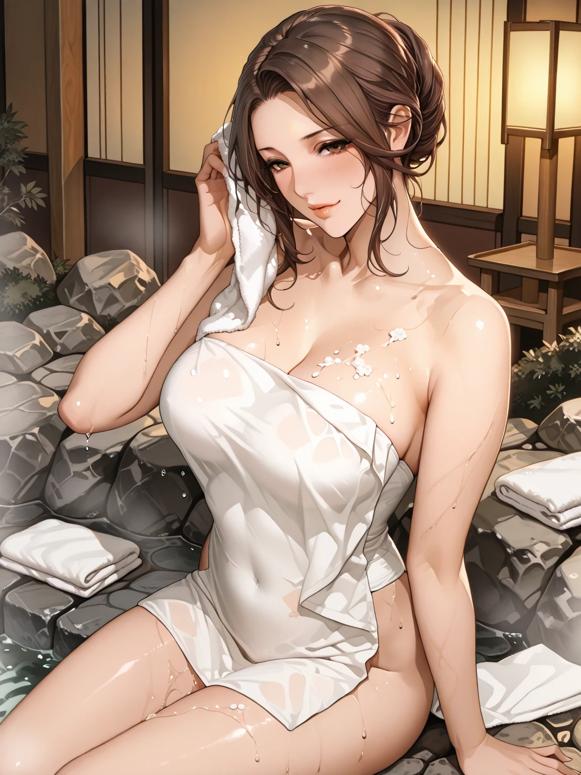 1girl, Brown hair, with brown eye, sportrait, photorealestic, Towels, (onsen), sidelighting, wallpaper, nsfw,