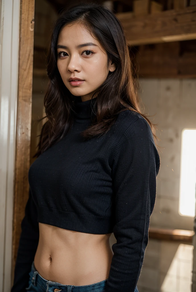 8k quality，masterpiece,best quality,cleveage,outdoor shopping ,A woman who looks 50 years old,woman with good figure，Wearing black underwear on the lower body，Wearing black underwear on upper body，Sweater coat