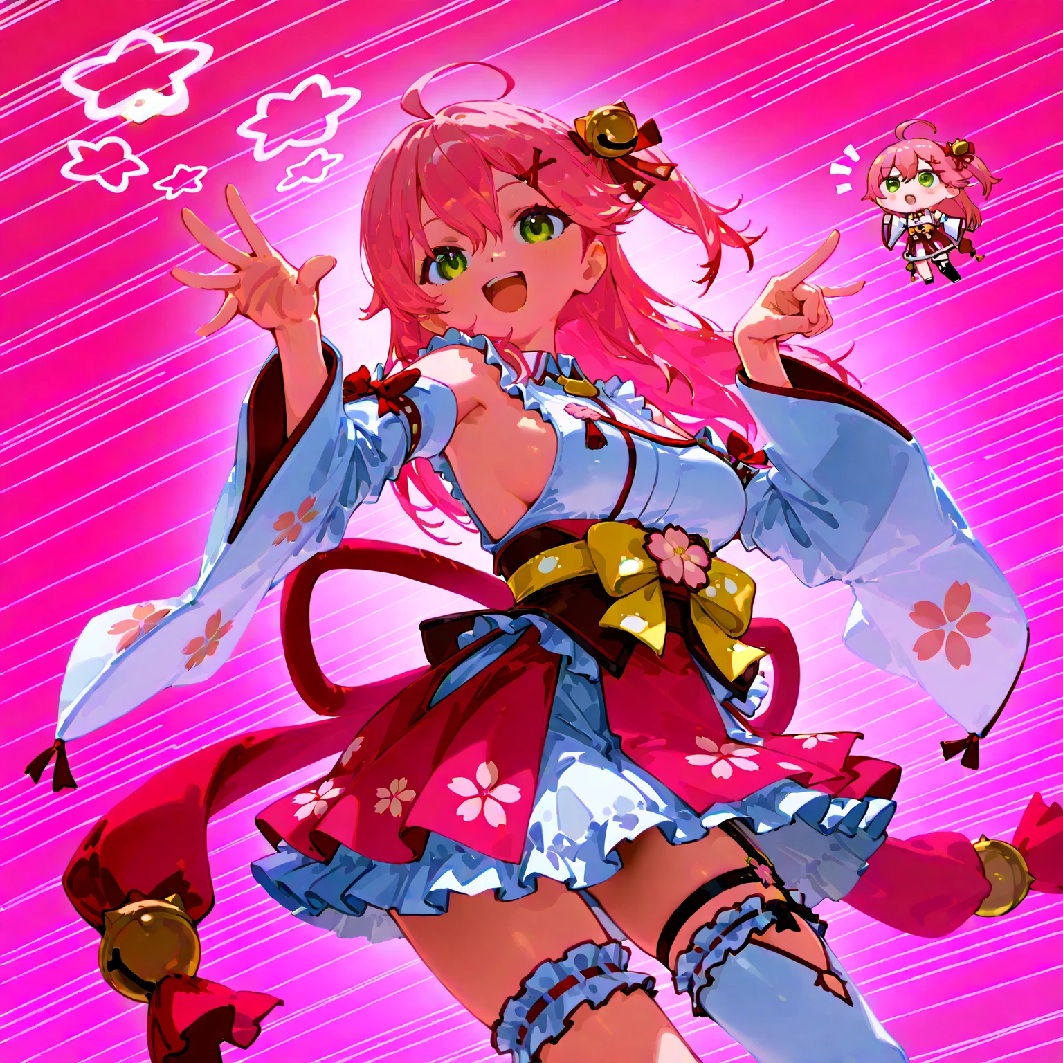 Make sakura miko with exposed navel, e barriguinha de fora, very close to the camera, sorrindo.