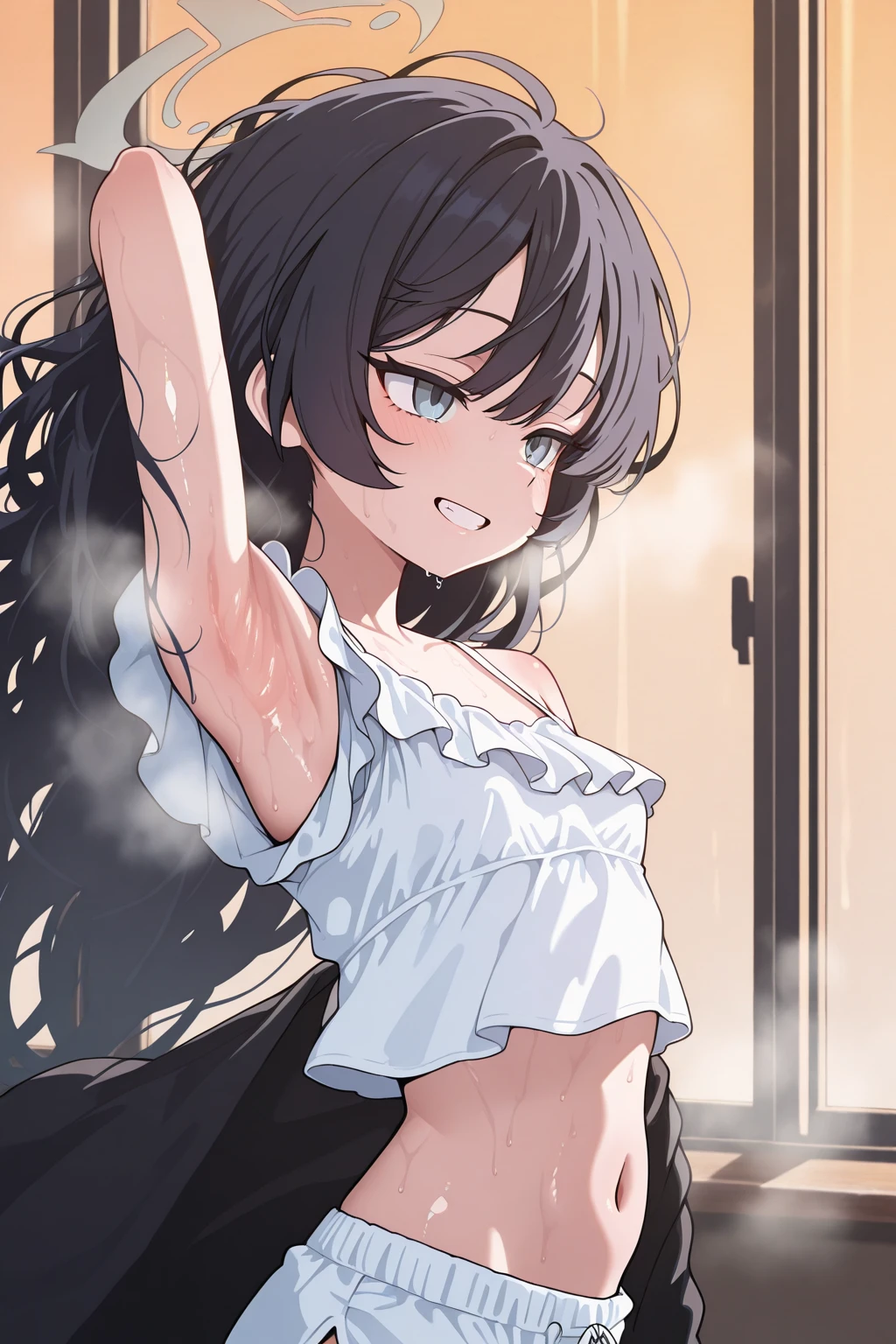 (masterpiece:1.5), (best quality:1.2),(famous artist:1.2),(official art:0.5),from adove, (Top quality:1.2),(high resolution:1.2),1girl,solo,clothes reflecting light,loli,oppai loli,BREAK,(black hair:1.6),loli face,half naked ,smile,long hair, Dungeon, fear, fear, terror, despair,trars, tears