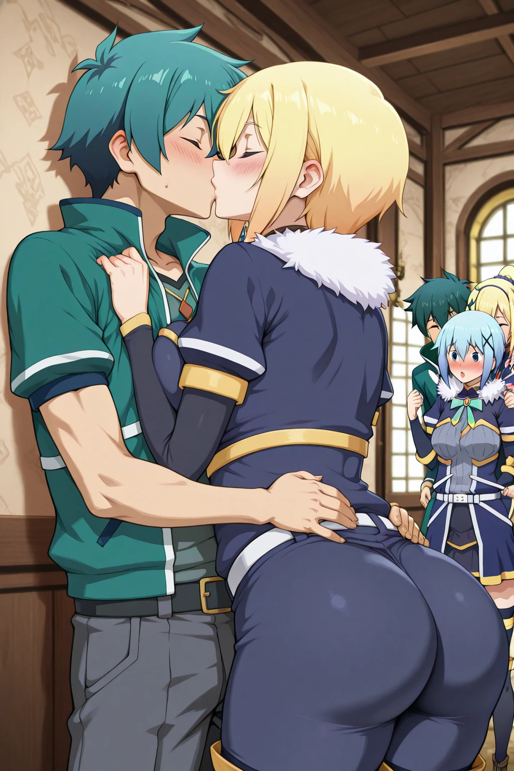 masterpiece, best quality, high res, NSFW, hentai, 2 girls having sex, girl 2 is penetrating girl 1, futanari on female sex, girl 1 has long green_hair, Blue_eyes, large breasts, huge breasts, black collar, bunny ears, topless, bottomless, black thigh highs, girl 1 is straddling girl 2's penis, girl 2 has short blonde hair, large breasts, girl 2 is looking up at girl 1, classroom, girl 1 has spread legs, spread knees, both girls are horny with excited smiles, girl 1 is looking up at viewer, focus on both girls, penetrated vagina, girl 2 has large breasts, girl 2 is rubbing girl 1's vagina, horny, close to climax, NSFW, girl 1 and girl 2 are having intercourse to climax