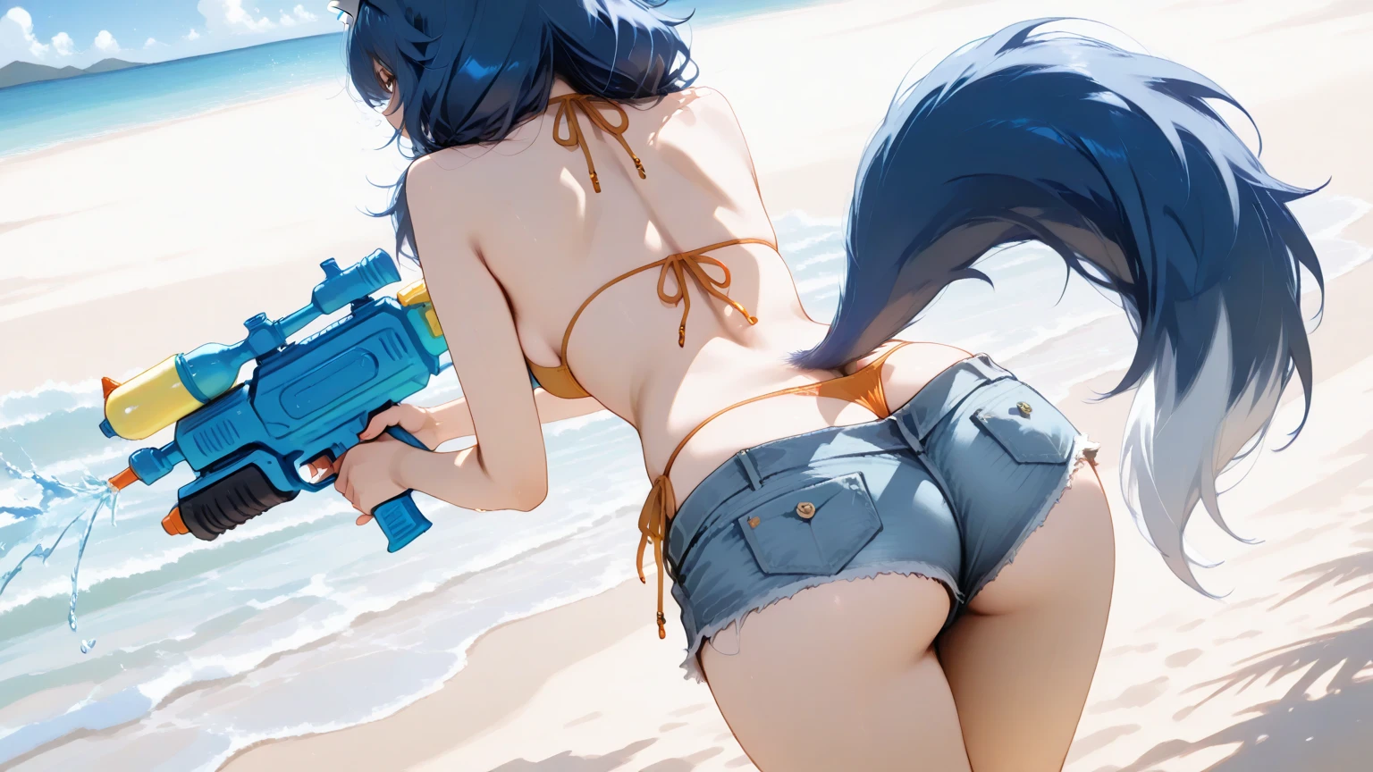 score_9,score_8_up,score_7_up, source_cartoon, source_furry, cat boy, cat tail, dark blue hair, hair over one eye, high long ponytail with volume,spike side hair, furry, blush, looking at viewer, smile, 1boy, cat ears, furry male, white body fur, ((flower on hair, dark blue strapless fringed bandeau bikini)), beach, clear sky, blue eyes, blush, navel, femboy, cute, looking at viewer, standing, holding a water gun,