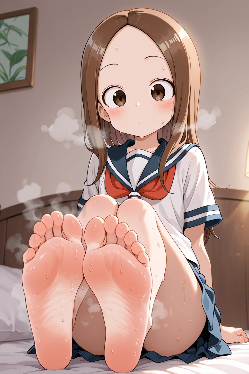 wallpaper,hoodie,The background is in the room, Long hair,best quality, Very detailed, masterpiece, Extremely detailed, illustration, Sky,Foot Focus, giggle, barefoot,Stinky feet,Steam around feet,The soles of the feet are sweating a lot,There are a lot of water drops on the soles of feet,Water dripping from the soles of feet,Sweating all over,Sweating,Sweatshirt,There is a cute five-pointed star hairpin on the hair,Two feet,Each foot can only have five toes,Good feet,Nice looking feet,Delicate feet
