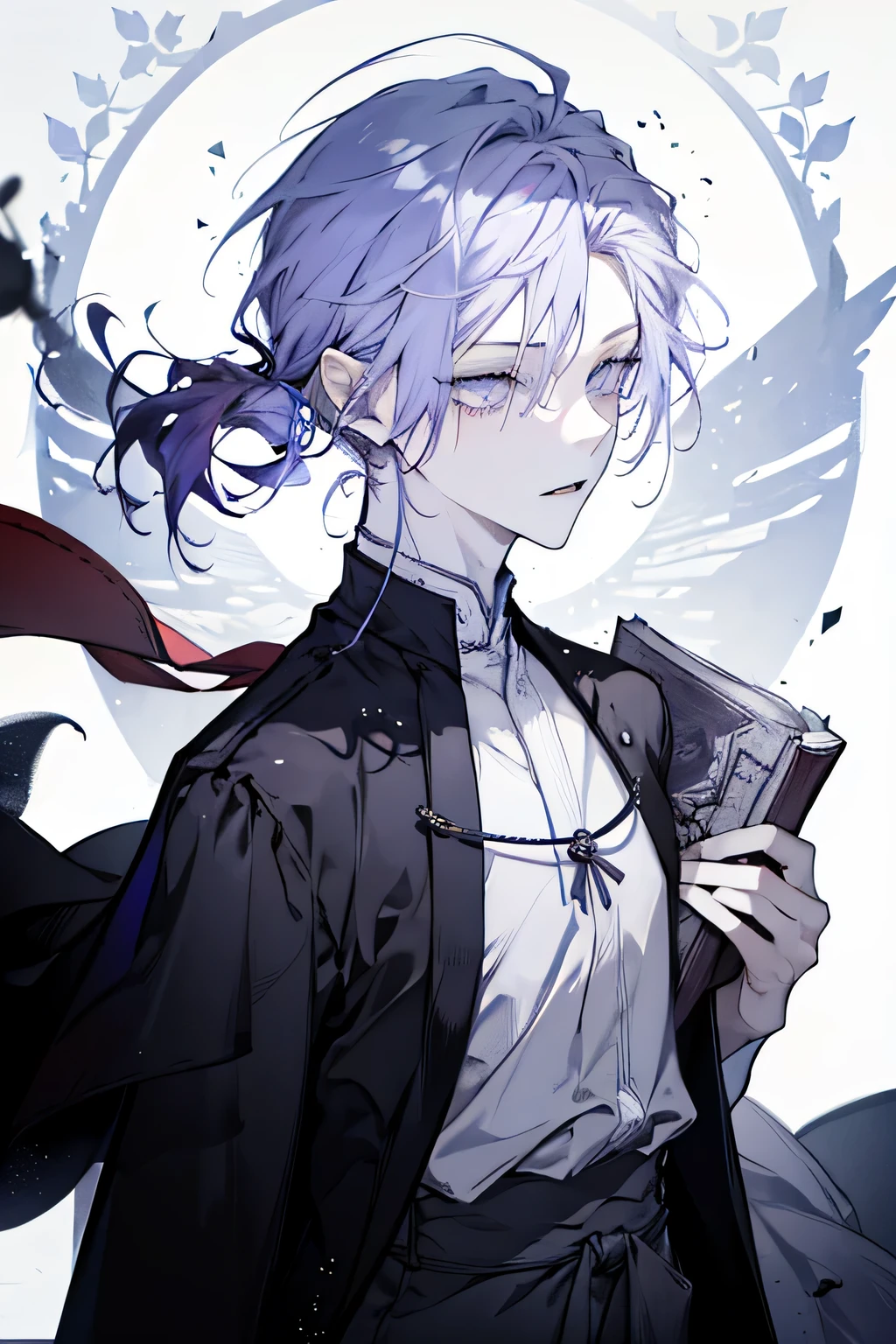 One 20 year old guy, male, upper body, From the waist up, purple hair carrying a book, purple eyes, Monk, Monastic Clothes, Priest, purple hair, asymmetrical hair, Single ear hook, no background