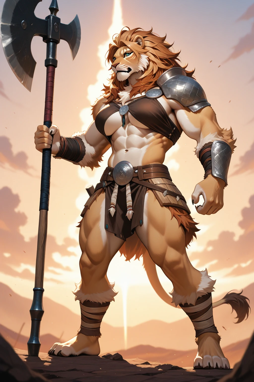 Furry, Kemono, Leon, Leomon, Digimon, (Solo), Bigg Ass, Male Bulge, masculine, Full body, Feet, (Anime Blue Eyes), (Perfect Eyes), Braided Mane, Black leather harness, Spiked Anklet, (White fitted fundoshi), (White string thong), (White Fundoshi) , Farm, (Barn background with hay and farm tools), High Resolution, 4K Detailed, Good Lighting, Beautiful, Photorealistic, Realistic, (Japanese tight fundoshi), (White Tight male Thong), tail, Lion tail, black claw nails, Big Scar on left shoulder