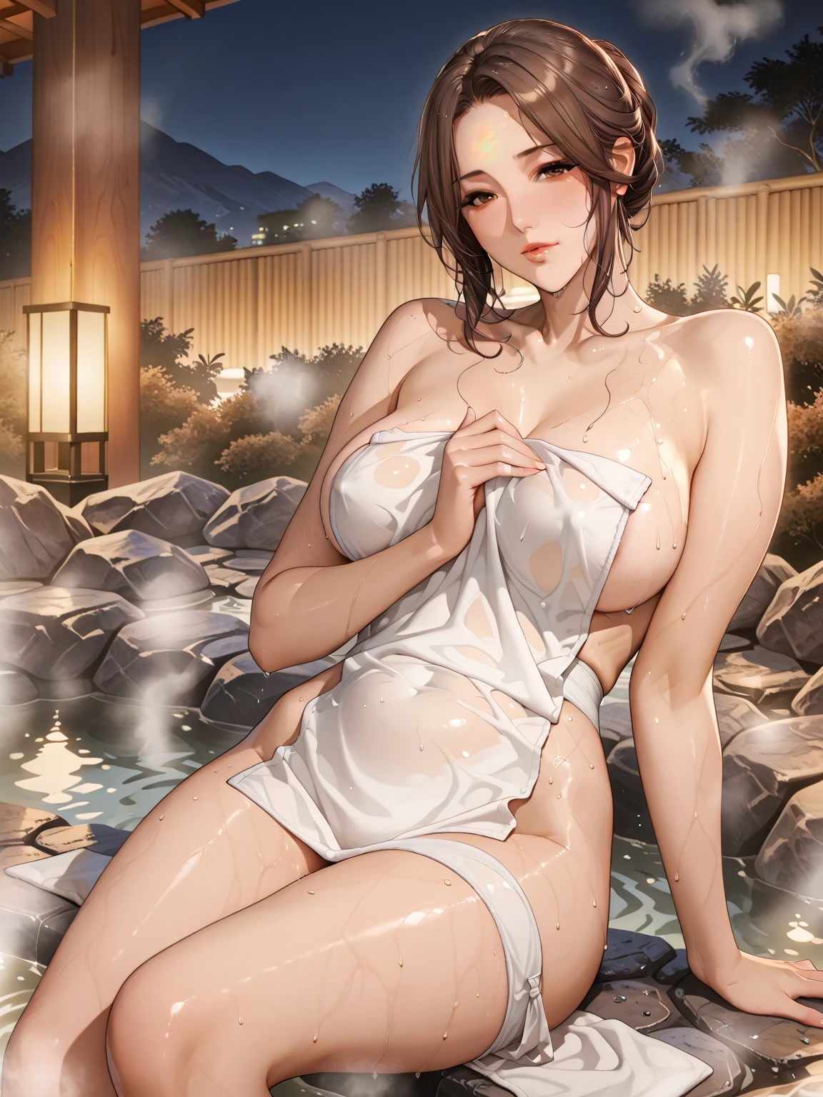 SFW,(8k, RAW photo, best quality, masterpiece, soft cinematic lighting, soft color:1.6),(ideal ratio body proportions:1.8),(from behind above:1.5),(looking back at camera:1.8),(sitting:1.5),(spread legs:0.5),(beautiful eyes focus:1.8), (realistic), (dilapidated japanese old house, onsen background:1.6), (solo, mature woman,20years old,super beautiful face,super detaild beautiful brown eyes :1.8), (detaild sheer white Slip Dress:1.6),(coverd nipples:0.5),(embarrassed,red Cheeks:1.25),long hair, {{slicked back hair}}, white blonde color hair, clean skin, (smaller butt:1.7),(coverd ??????:0.9),(sagging huge long wide heavy breasts:1.5),(under boob:0.8), ( Perfect body skinny beauty: 1.5),(open mouth:1.1),(temptation pose:1.8),(heavy breathing:1.5),