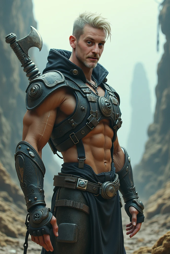 Gere uma imagem de um homem cavaleiro rebelde, with lightly tanned skin and a tall, robust physique, aparentando ter cerca de quarenta anos de idade. He has shoulder-length brown hair and beard., levemente desgrenhados, giving it a rustic appearance. The man is dressed in broken and rusty armor that covers his entire body showing the metal mesh underneath., His right arm is scarred and holds a huge long broadsword., com rachaduras e sinais de uso intenso. The scene must portray the knight in a mountainous and desert environment, with a given expression ((Melhor qualidade)), ((obra de arte)), (detalhado), big bulge, big bulge, large bulges in the crotch,