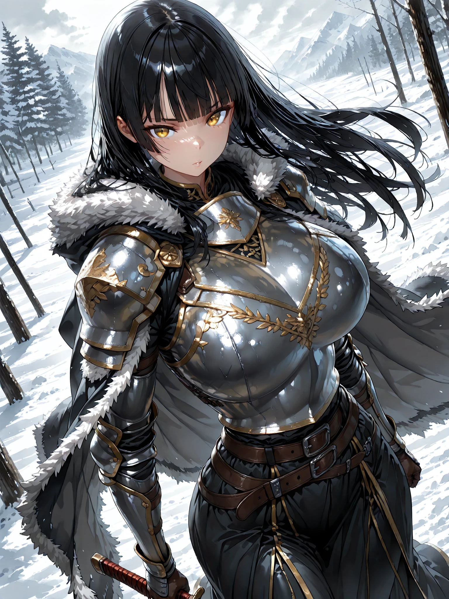 female knight Silver Armor Large sword Black Hair tiara Beautiful breasts Shortcuts Torn white miniskirt Torn white tights battlefield snow A regretful look