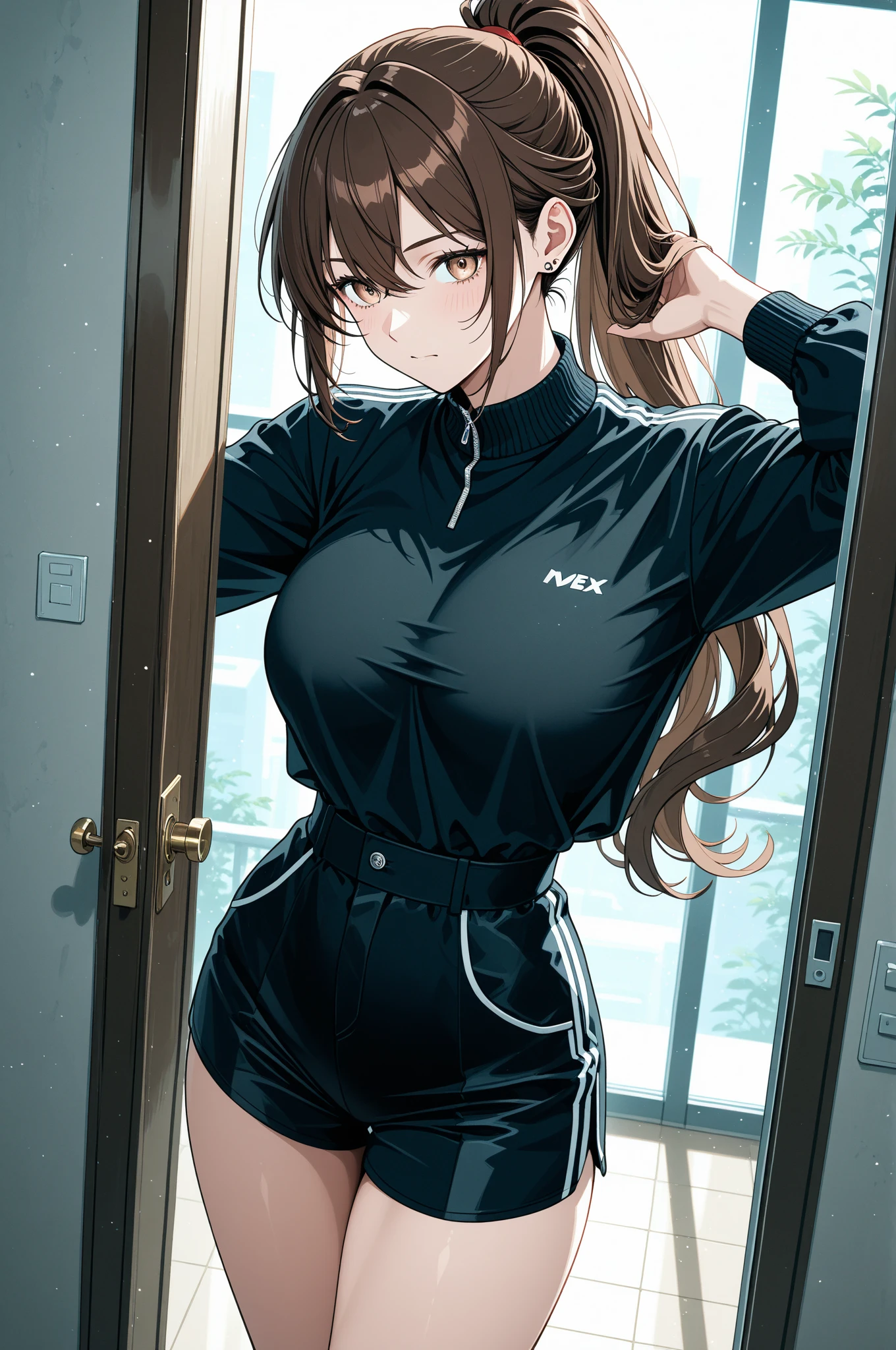 portrait, 1girl, standing, hand on hip, looking at viewer, seductive smile, blush <lora:kase_daiki_V01:0.9>