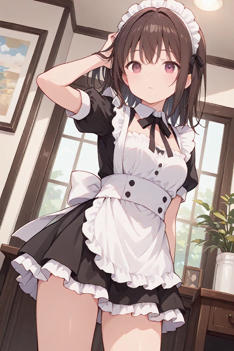 {Highest quality}, {Super beautiful},{Ultra fine},{Best illustration},Brown Hair,Hime cut,semi-long,Bangs,Standing Woman,Maid clothes,Short sleeve,Long black skirt,Night Park,Embarrassed,smilingly,Blushing,Slender women, A woman wearing plain black pumps,Bare feet and pumps,From an angle,From above