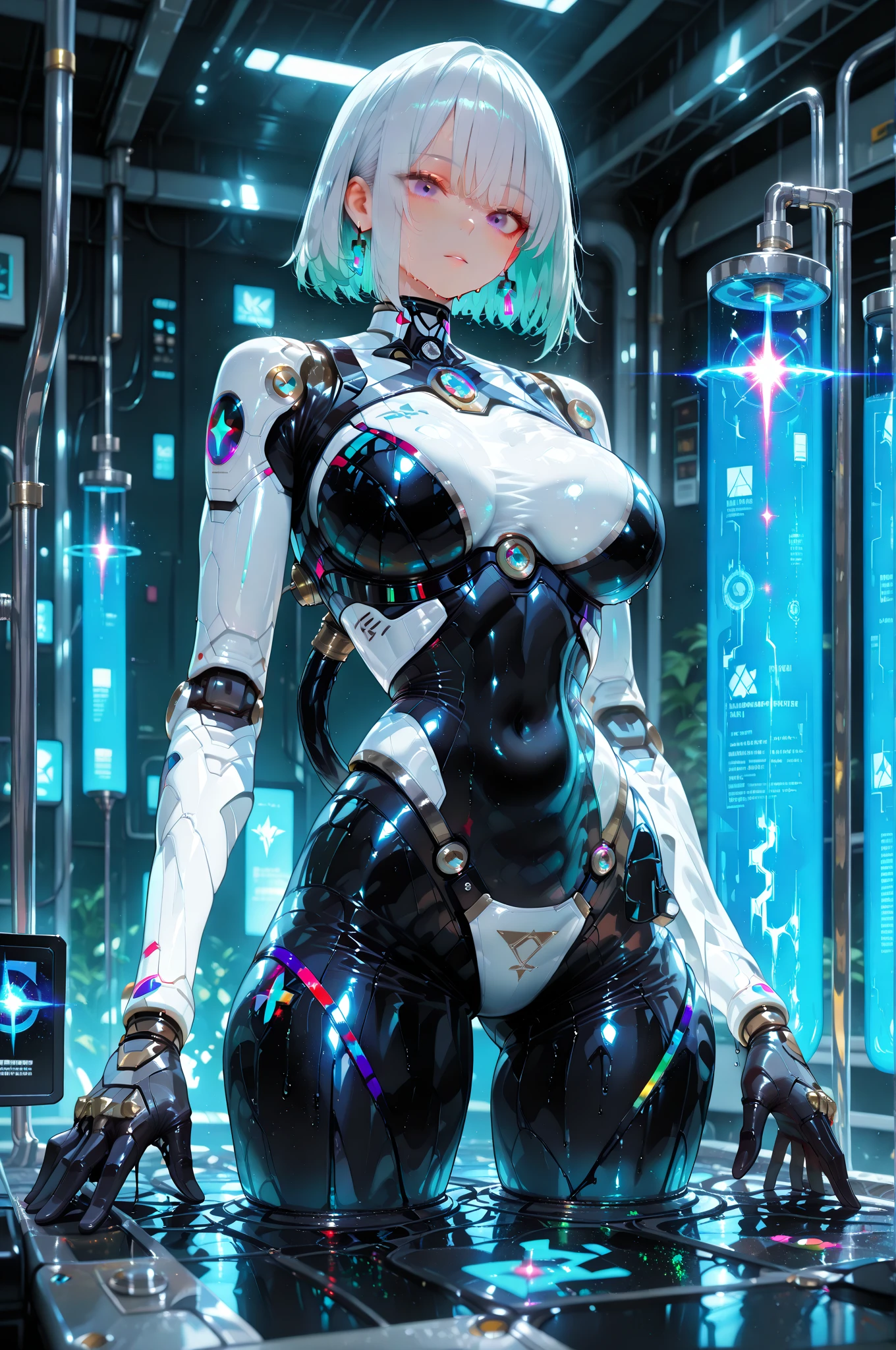 Milf, woman in a futuristic suit, highly detailed face, cool, mom, tomboy, very large breast, (Milf), mature face, (mature female), cybersuit, anime girl wearing tight suit, milfication, Elegant body, navel focus, naked body, gloves, earrings, science fiction, female protagonist, standing, volumetric light, detailed lighting, detailed textures, oppai cyberpunk, biomechanical oppai, masterpiece, best quality eyes, sci-fi background, futuristic landscape, low angle, (smooth surface), (simple body suit), ass shot
