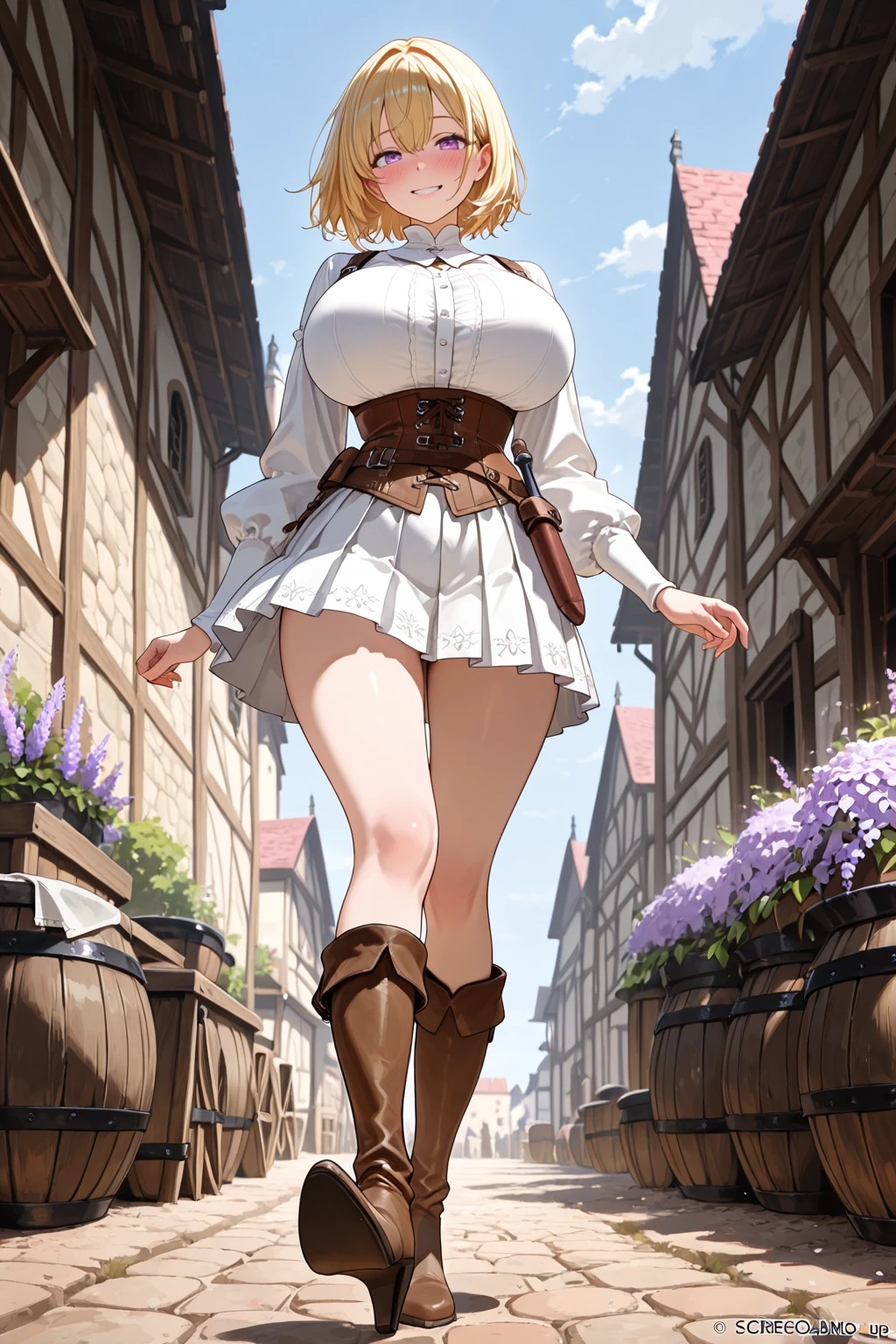 ((masterpiece, best quality, photorealistic, cinematic), perfect anatomy, expressive eyes, perfect face, perfect hands, ((large cleavage)), long round legs, round ass, (((anime girl in white French milkmaid corset and white maxi skirt))), ((blonde-hair, braided hairstyle)), seductive anime girl, Ayaka Genshin Impact, extremely detailed artgerm, from girls frontline, range murata and artgerm, xianxia, style artgerm, beautiful alluring anime woman, thicc, guweiz on artstation pixiv, ((wide shot, full body view)), (background: grassland, cabin, mountains, blue sky, clouds))