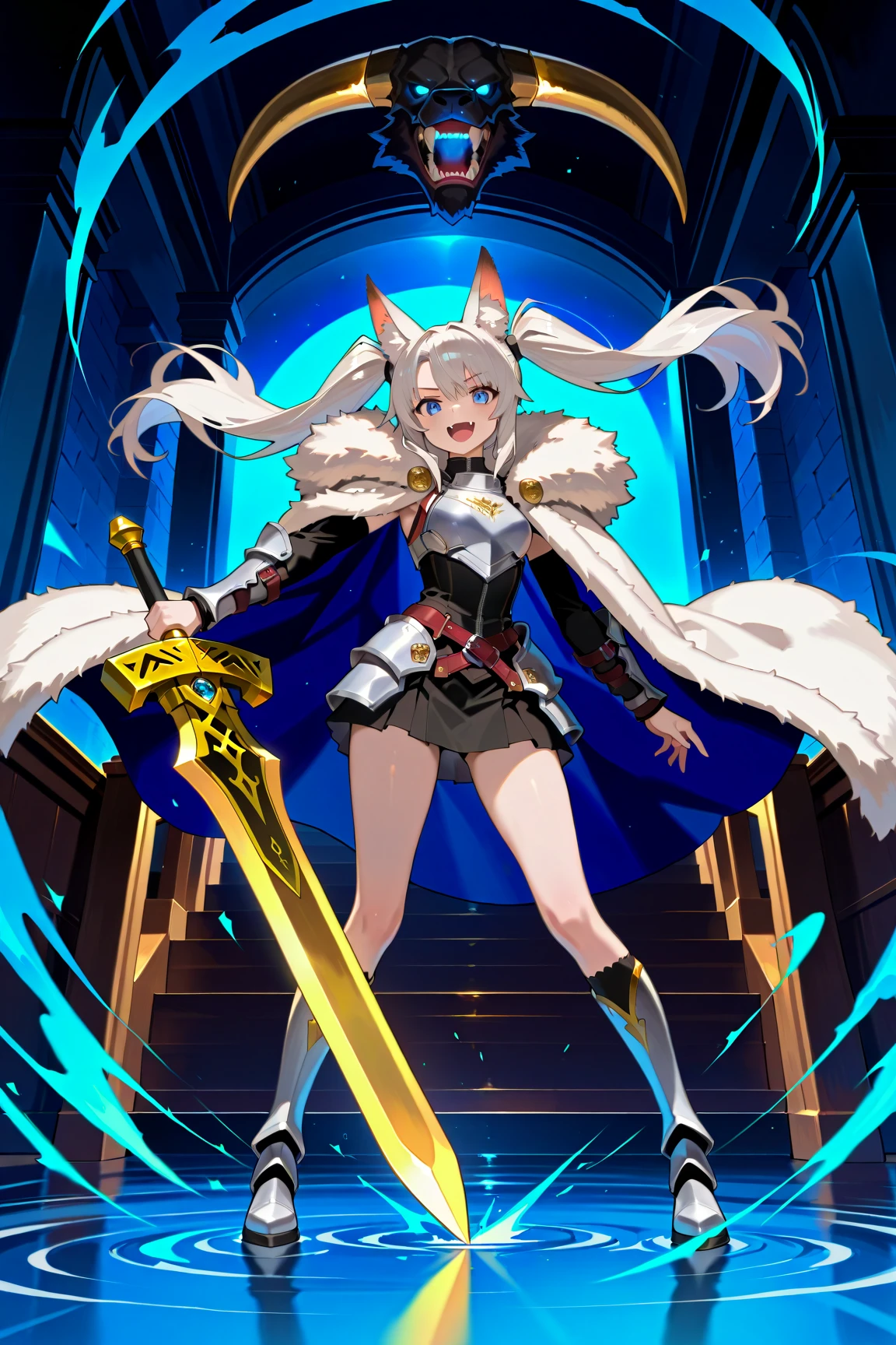Thinning,Beautiful girl,18 years old,Outfit((JK,miniskirt,tattered,white fox ears,is handing a love letter to the nine-tailed fox,fluffy))Appearance((cute,twin tails clustering in one,blue inner color,Fangs from the mouth))smiling,Red Claws,A beautiful spear in your right hand,wild,,strong,Background((広がるwildの景色,The enemy is a buffalo,Hordes of Enemies ,bloodshed,Squall))beautiful splashes of water,a shining girl,Anime,dynamic pose with a rod-shaped machine, perspective, Extreme Perspective,,(1girl:1.3),  queen, living room with an elegant expression, Wolf Year,  long white hair, Silky Hair, bright light blue eyes, perfect face,  beautiful , My skin is white,
BREAK
Dignified Posture, Standing Confidently, sword, commanding presence,
BREAK
(Decorative Silver Blue Armor:1.3), Exquisite Metal Designs, (Fur Cloak), Thick Animal Fur Shoulders, Fur-Lined Coat,
BREAK
(Has a golden sword:1.3), Shining Gold Blade, Ready for Battle, Dramatic Poses,
Backgroundの稲妻効果, Faint Fog , Moonlight Vibes, Dark Fantasy Forest,
BREAK 
Ultra Fine, 32k resolution, 16K resolution, 8k Resolution, 4K resolution,  
masterpiece, best quality, Newest, 3d model style, Anime, score_9, score_8_La Bette Movie by Valerian Borouczyk,
 beautiful  face, perfect face,  beautiful , highly detailed face and eyes,  
attractive face, detailed face, cinematic lighting, soft cinematic lighting,  
(wide angle from camera), (High Brightness:1.3), (high saturation:1.2), (soft contrast), Fantasy Vibes,
