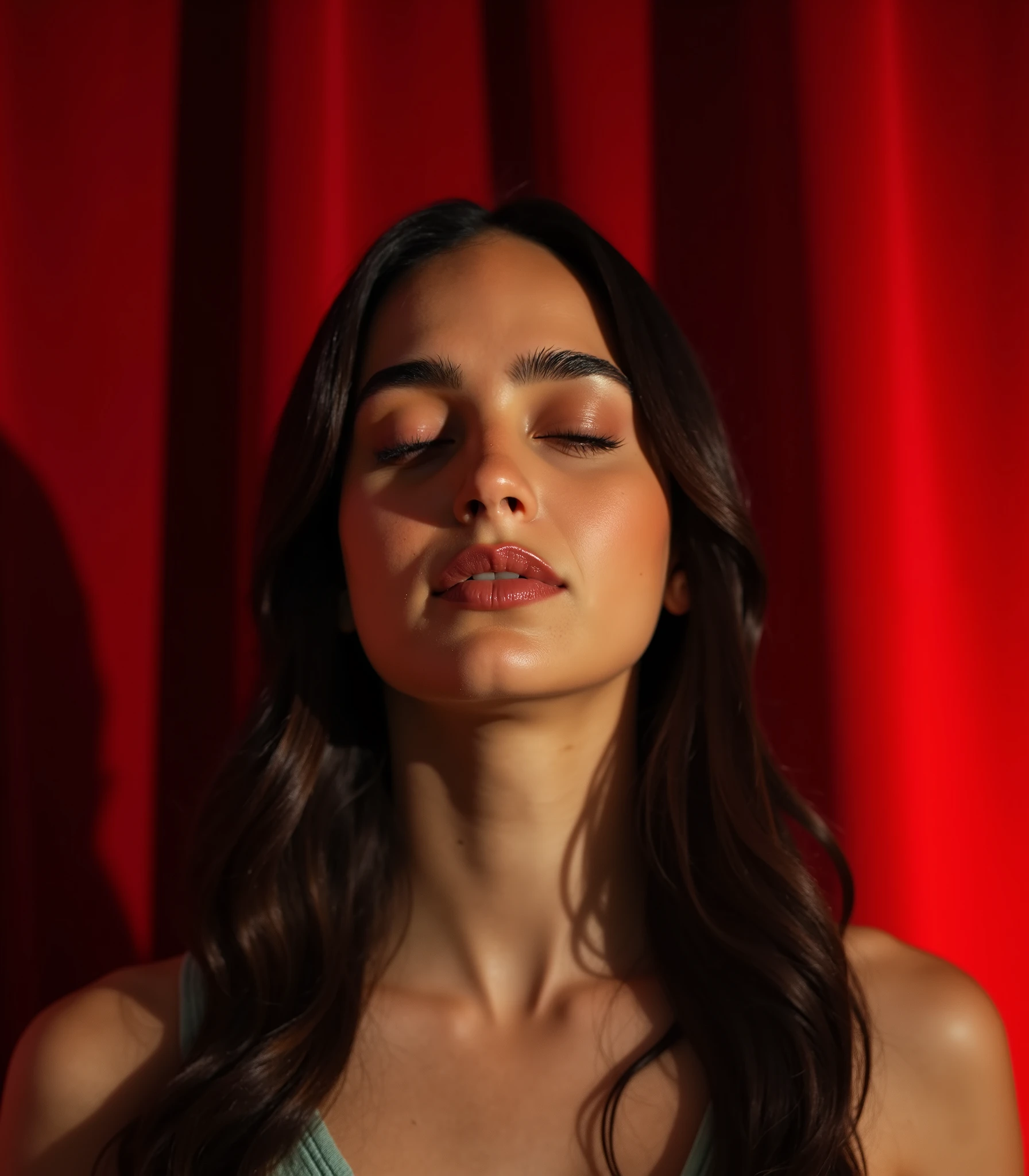mel_barrera, A studio photography of a beautiful woman with her eyes closed, shot on sony a7riv camera, indoor, stage, magic show, magic show stage, red curtains, soft diffused studio lighting, minimalistic, photorealism, 4k resolution, ultra high quality, realistic proportions, low contrast, face focused, long hair