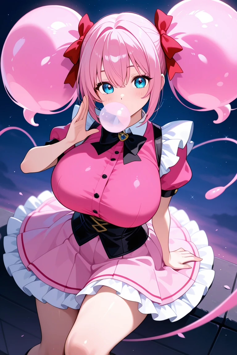 funkpop drink milk looking adorable. Milk splashes. Japanese street style. Holding a cup of milk. White milk splashes. Large breasts. Puzzle pieces and heart motifs 