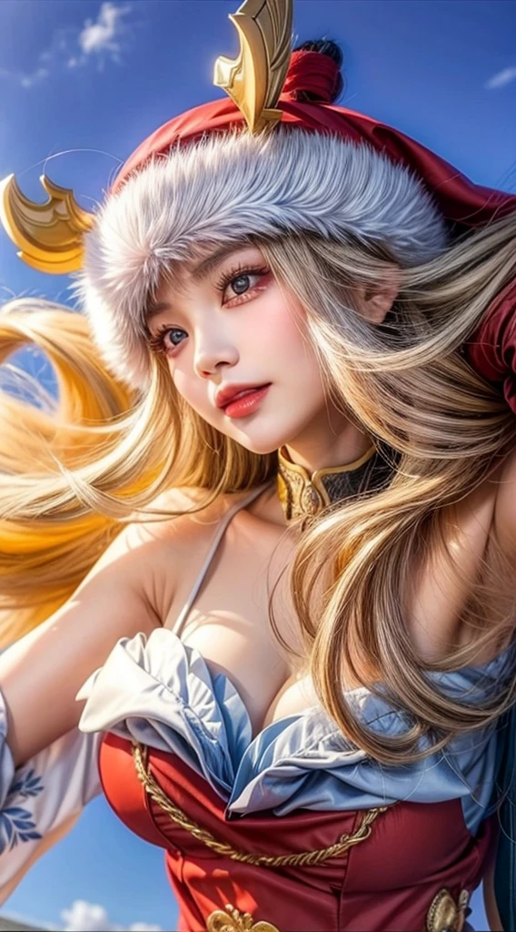 a close up of a woman in a santa hat holding a sword, detailed face, detailed eyes, detailed lips, smile, long eyelashes, beautiful woman, elegant, graceful, detailed jewelry, ornate sword, winter background, snow, snowflakes, warm lighting, cinematic, photorealistic, highly detailed, 8k, best quality, masterpiece