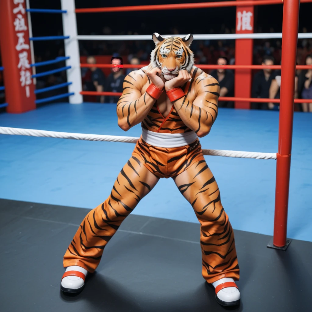 tiger mask creature, Muay Thai style, yellow and red colors, kicking pose, full body, Animal Anthropomorphism, realistic digital, humanoid, abstract background, global illumination, intricate, epic, dramatic, masterpiece, high detail, best quality, ultra high res