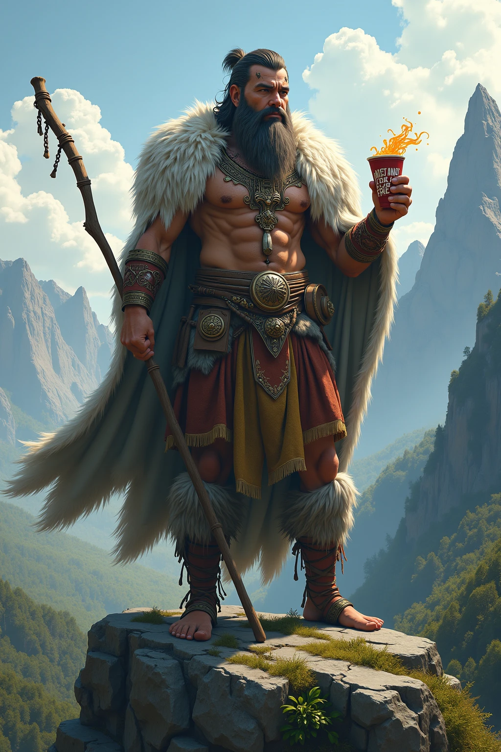 I want a fit middle aged igorot guy holding a spear on the right hand and a big beer on his left hand. And at the background i want it to be mountains