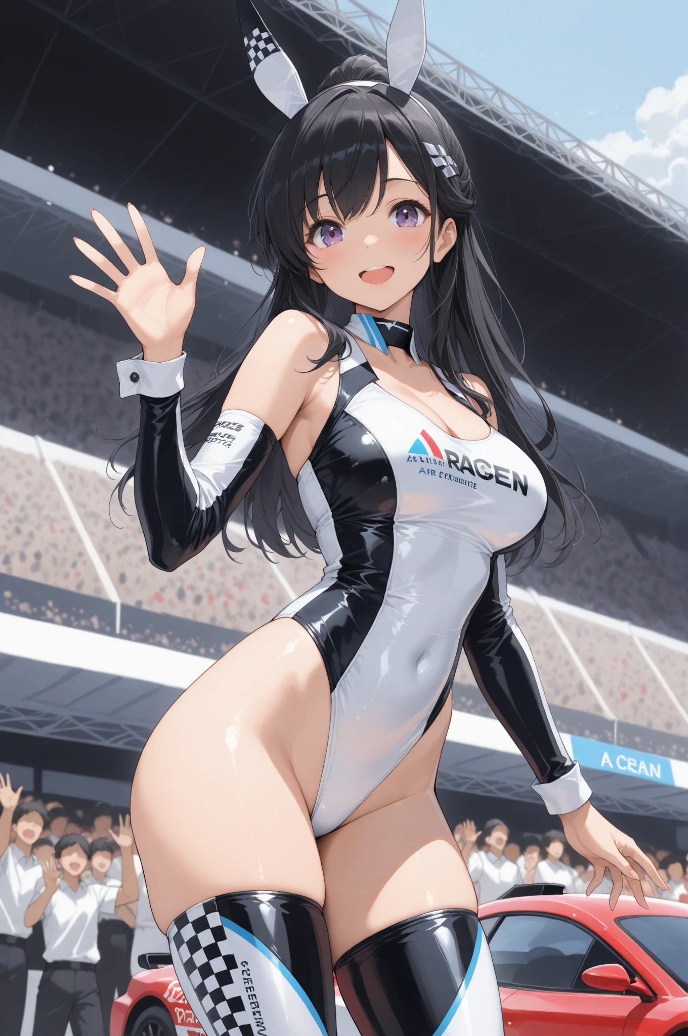 A woman wearing a custom white and black race queen uniform, walking on a sidewalk of a race track, background bleachers, high heels, black mid-lengths, neko ears, black hair, yellow eyes, full body, race car bottom,( solo woman), glow, drop shadow, flower, UHD, masterpiece, accurate, anatomically correct, textured skin, super detail, high quality, best quality, 8k, high resolution, bokeh effect.
