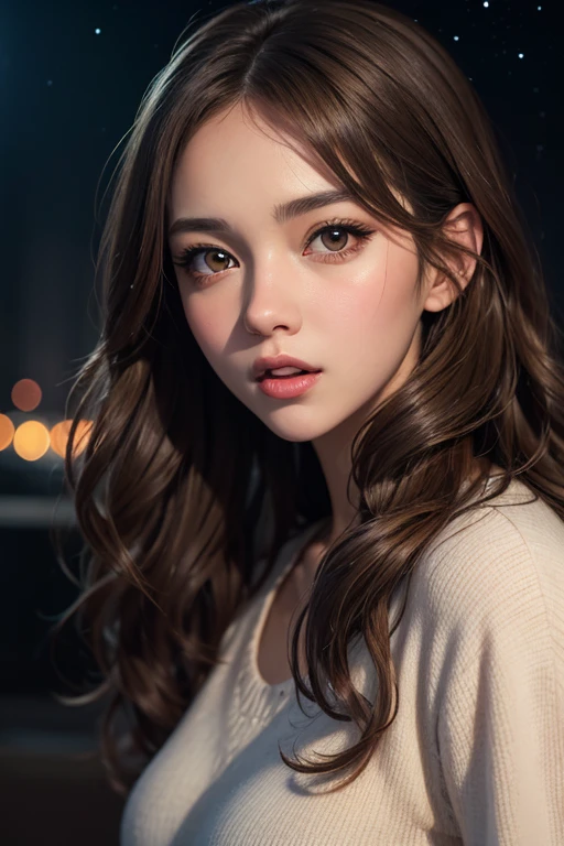 20-year-old woman, beautiful, long hair, , facing at camera, Half body photo, The background is nightfall, twinkling star.