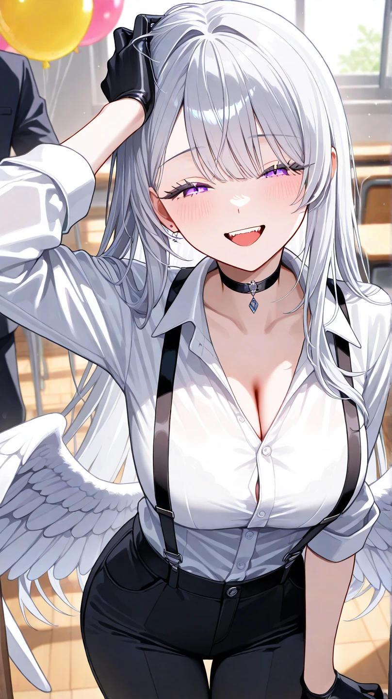 Gray hair, long hair, s eyes:1.5), (Large Breasts:1.2), Rest special short skirt, skirt, White shirt, Setofuku,Low-cut,Cleavage,With eyes closed,boots, Resting looking at viewer, Rest indoors, Classroom break (masterpiece:1.2), best quality, high resolution, Unity 8k Wallpaper, (illustration:0.8), (Beautiful and delicate eyes:1.6), Extremely detailed face, Perfect lighting, Extremely detailed CG, (Perfect hands, Perfect anatomical structure),